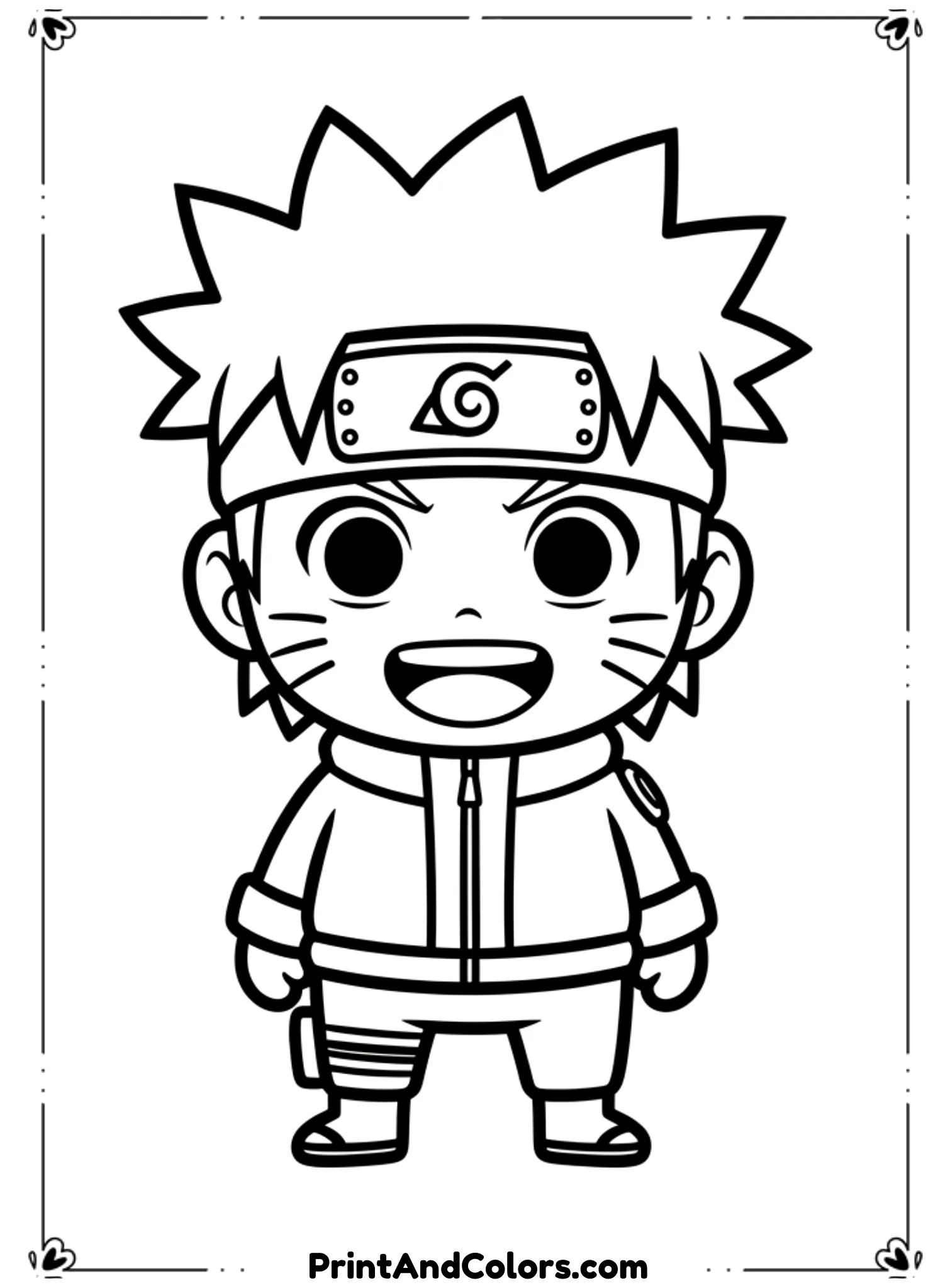Create a very simple Naruto illustration with minimal details, large shapes, and thick outlines. Standing pose, smiling face, plain background. Designed for easy coloring by young kids.
