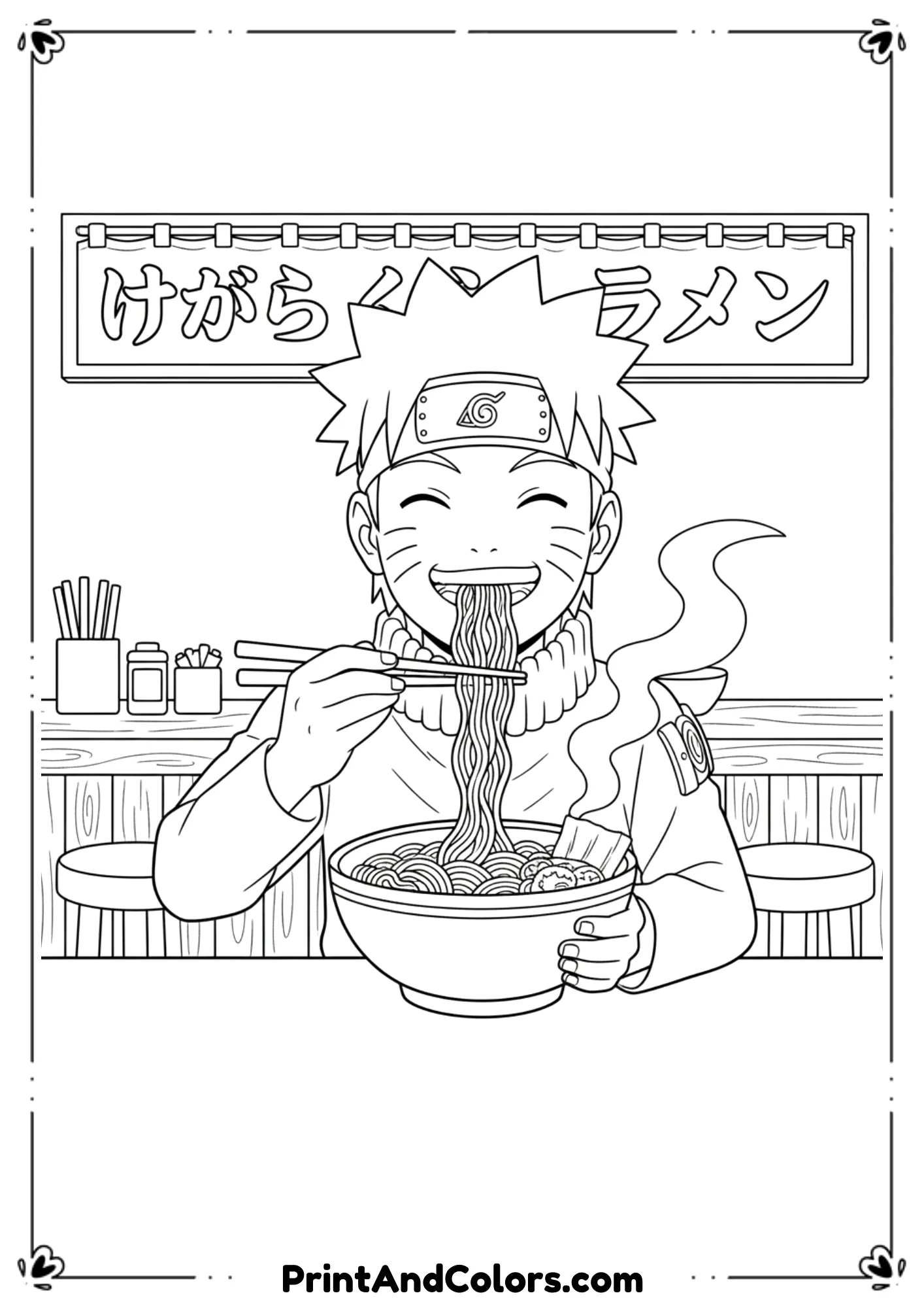  Draw Naruto happily eating ramen at Ichiraku Ramen using chopsticks. Big smile on his face, ramen bowl in front, steam lines rising. Simple shop elements like a counter and sign in the background. Clean black outlines, no shading, fun anime coloring page style.
