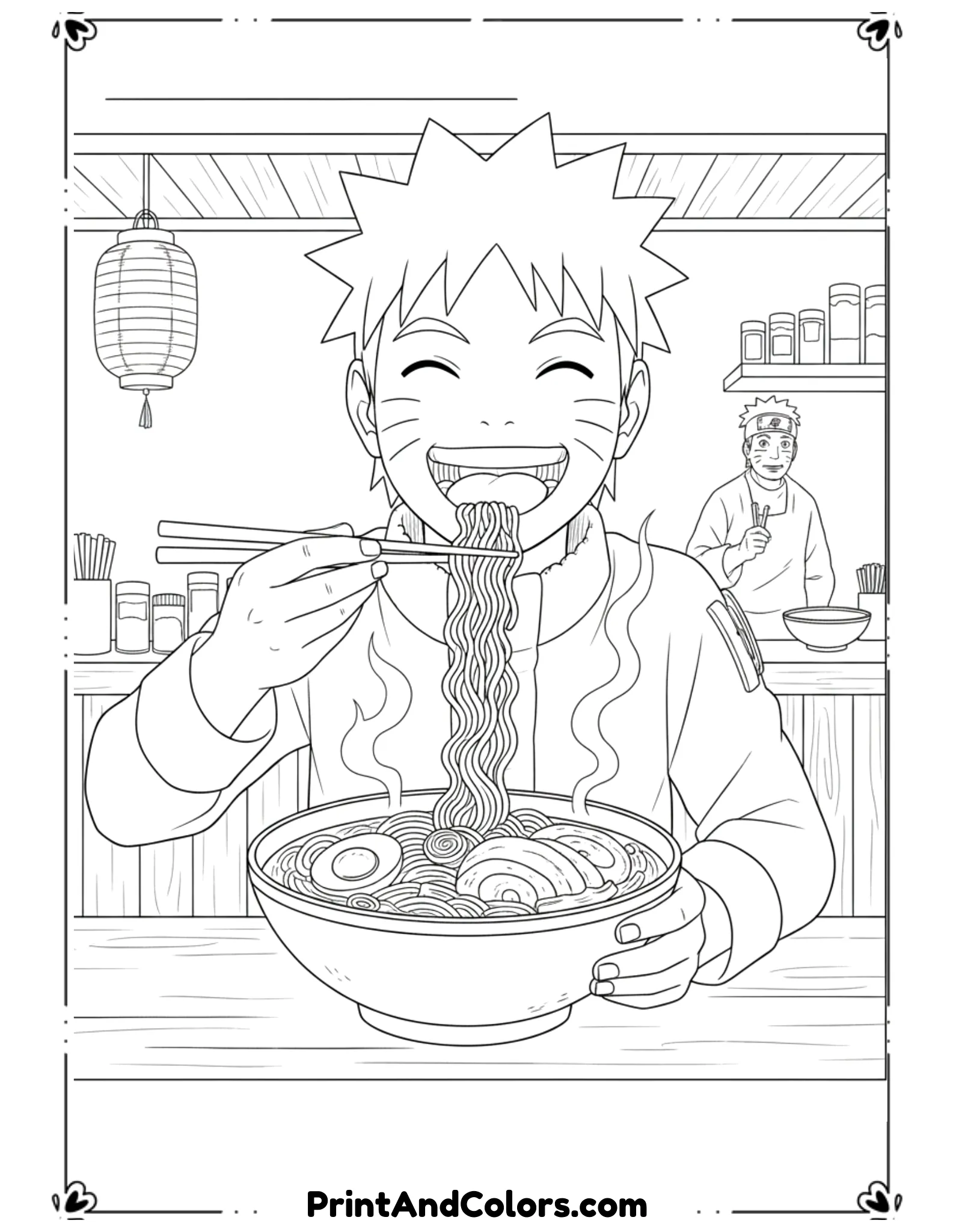  Draw Naruto sitting at Ichiraku Ramen Shop holding chopsticks and slurping noodles with a huge happy smile. Ramen bowl, steam lines, and shop counter are clearly outlined. Fun expression, clean black line art, no shading, perfect for coloring.
