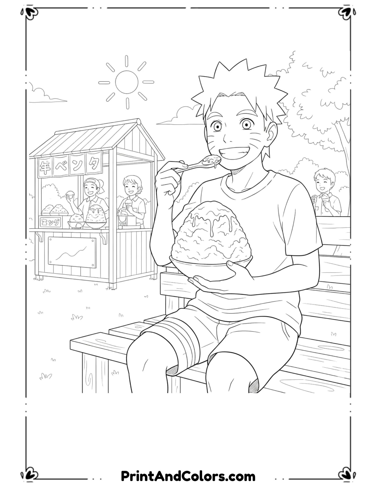  Draw Naruto enjoying shaved ice on a warm summer day. Happy expression, casual pose. Simple summer elements like sun or stall outlines. Clean black lines, no shading.
