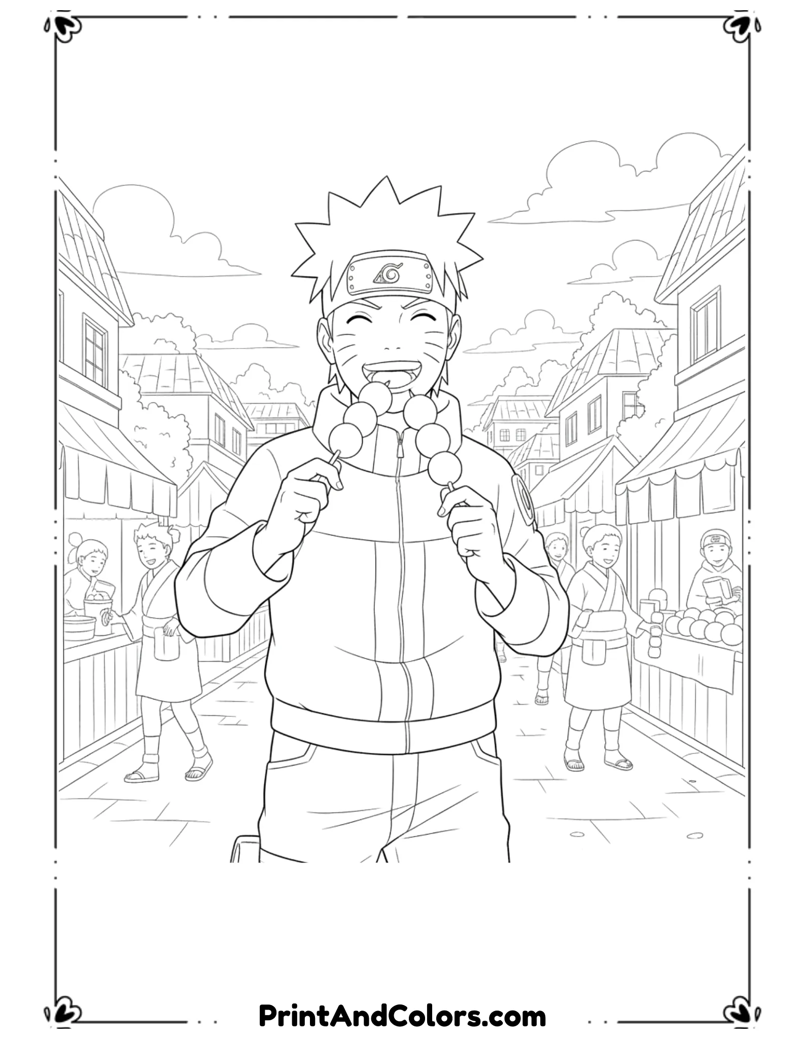  Draw Naruto enjoying sweet dango sticks while standing on a village street. Cheerful smile, relaxed posture. Simple street elements behind him. Clean outlines, no shading, fun coloring page
