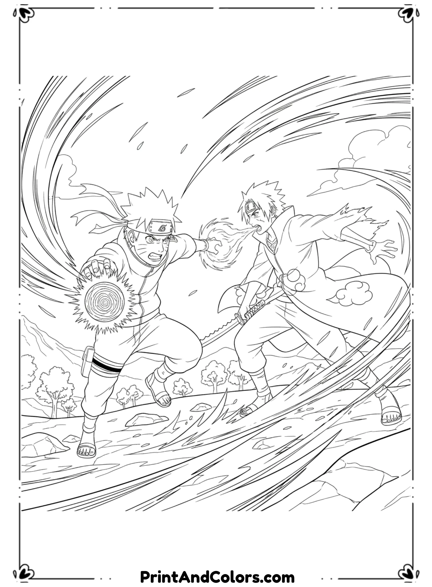  Create action-packed black and white line art of Naruto fighting an Akatsuki member. Dynamic battle pose, motion lines, dramatic expressions. Simple background, strong outlines, no shading, printable coloring page.
