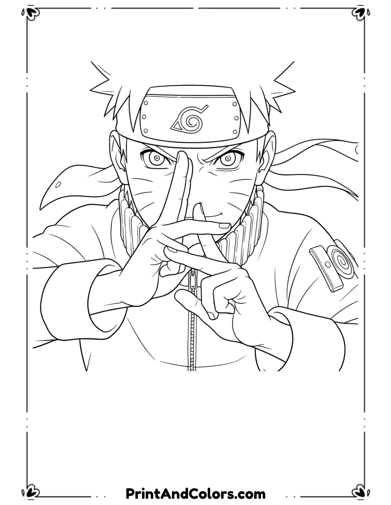  Draw Naruto forming detailed ninja hand signs with intense focus. Hands clearly defined. Plain background, strong outlines, no shading, educational ninja coloring page.
