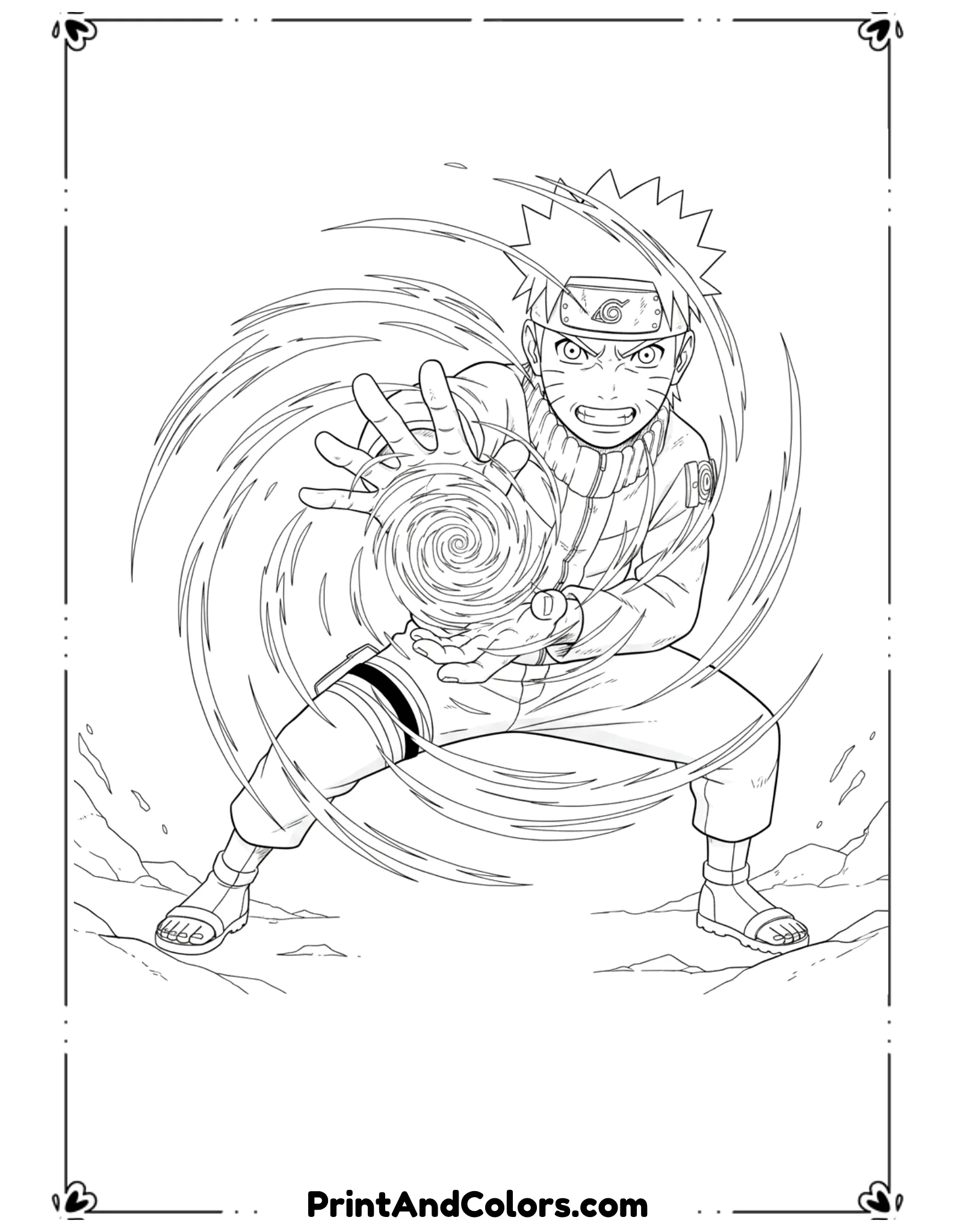 Illustrate Naruto holding a Rasengan with intense concentration. Energy swirl lines around the Rasengan without shading. Bold outlines, minimal background, printable anime coloring page.
