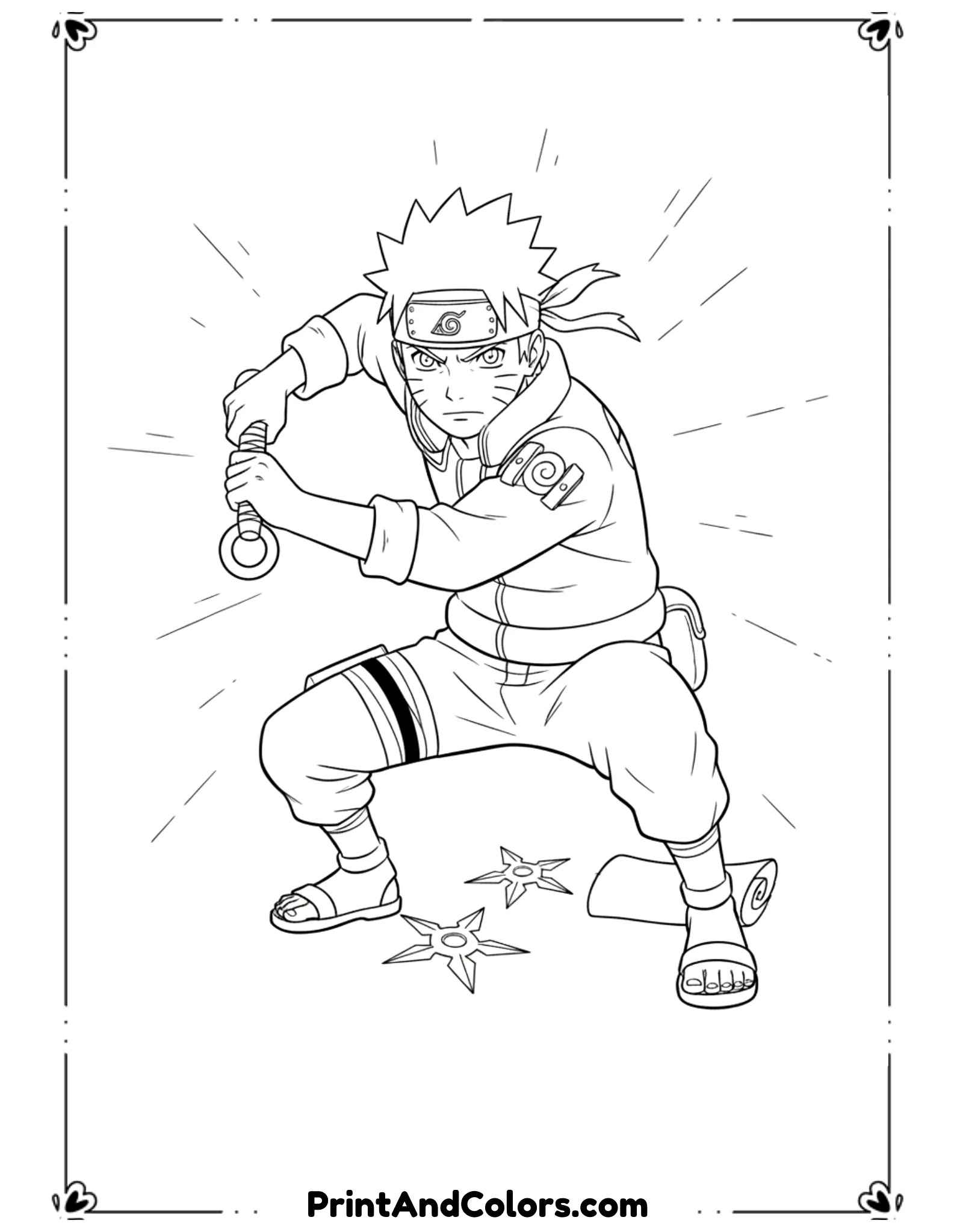  Draw Naruto gripping a kunai in a defensive ninja stance. His posture shows alertness and focus. Simple background with light motion lines. Bold black outlines, no shading, ninja weapon-themed coloring page.
