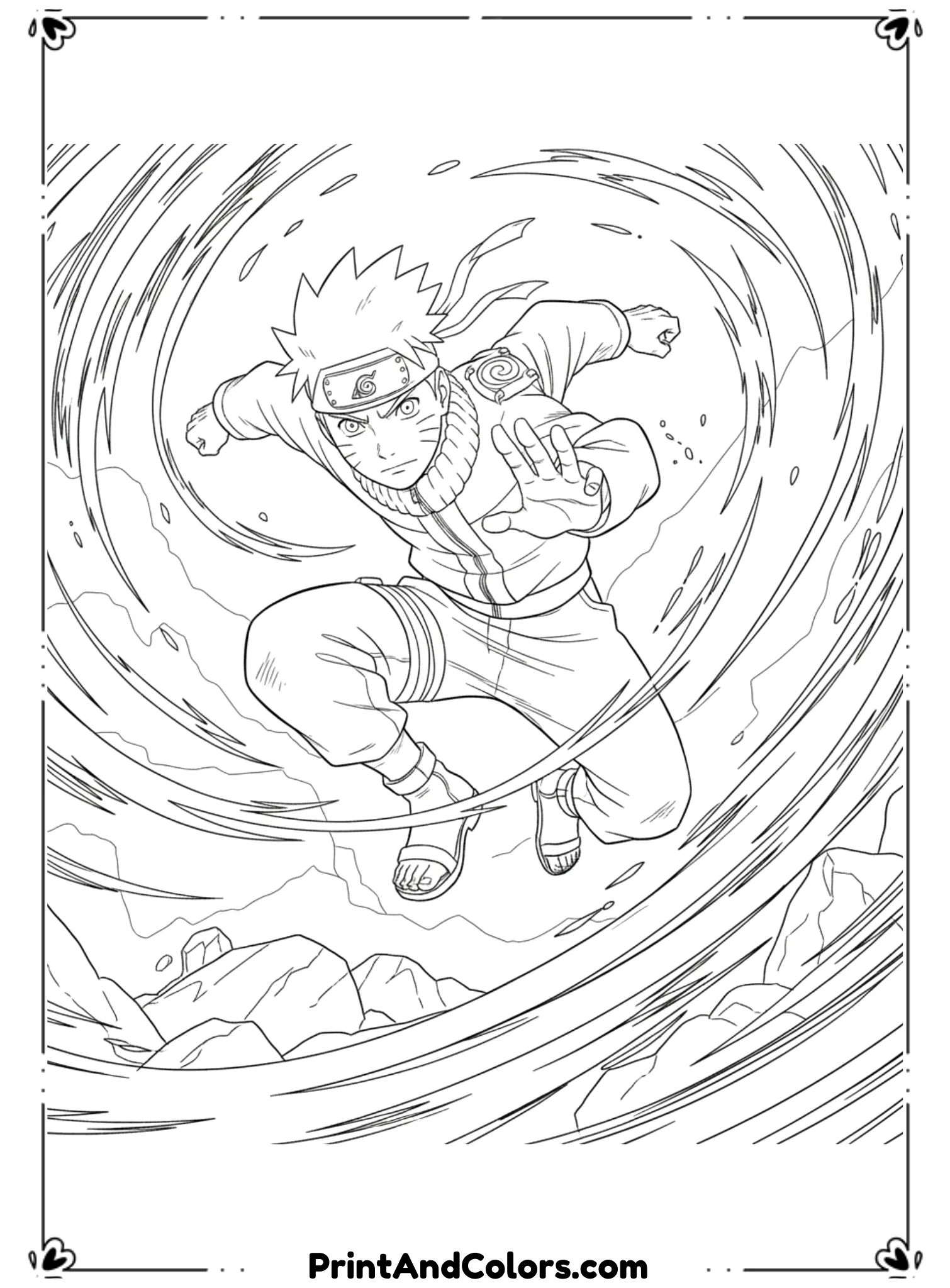  Draw Naruto mid-air during battle with dynamic jump pose and motion lines. His ninja outfit flows with movement. Clean outlines, no shading, action-focused anime coloring sheet.
