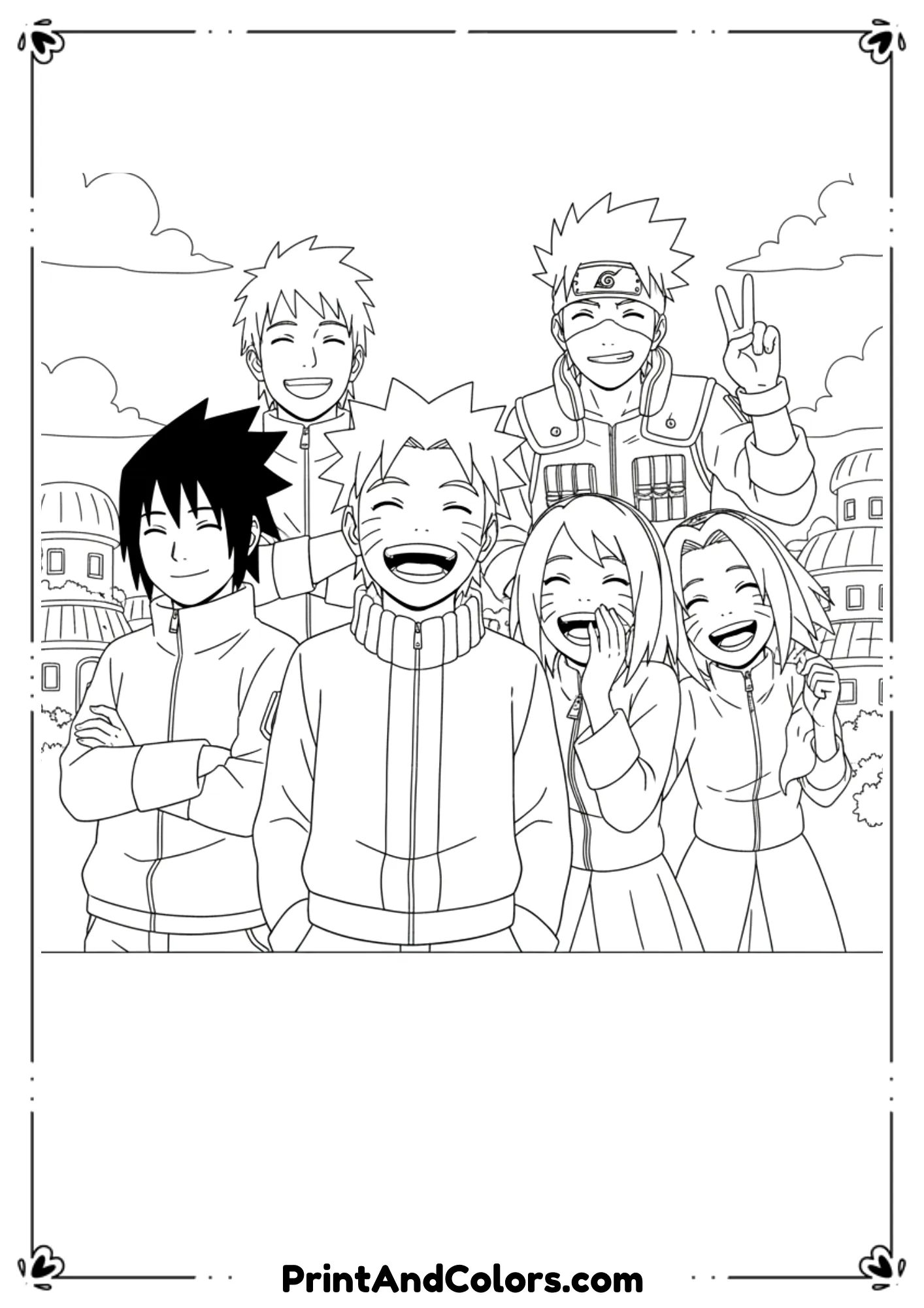  Illustrate Naruto laughing joyfully with his ninja friends in a friendly group pose. Happy facial expressions, relaxed body language. Simple village background lines. Clean black outlines, no shading, cheerful printable coloring page for kids.