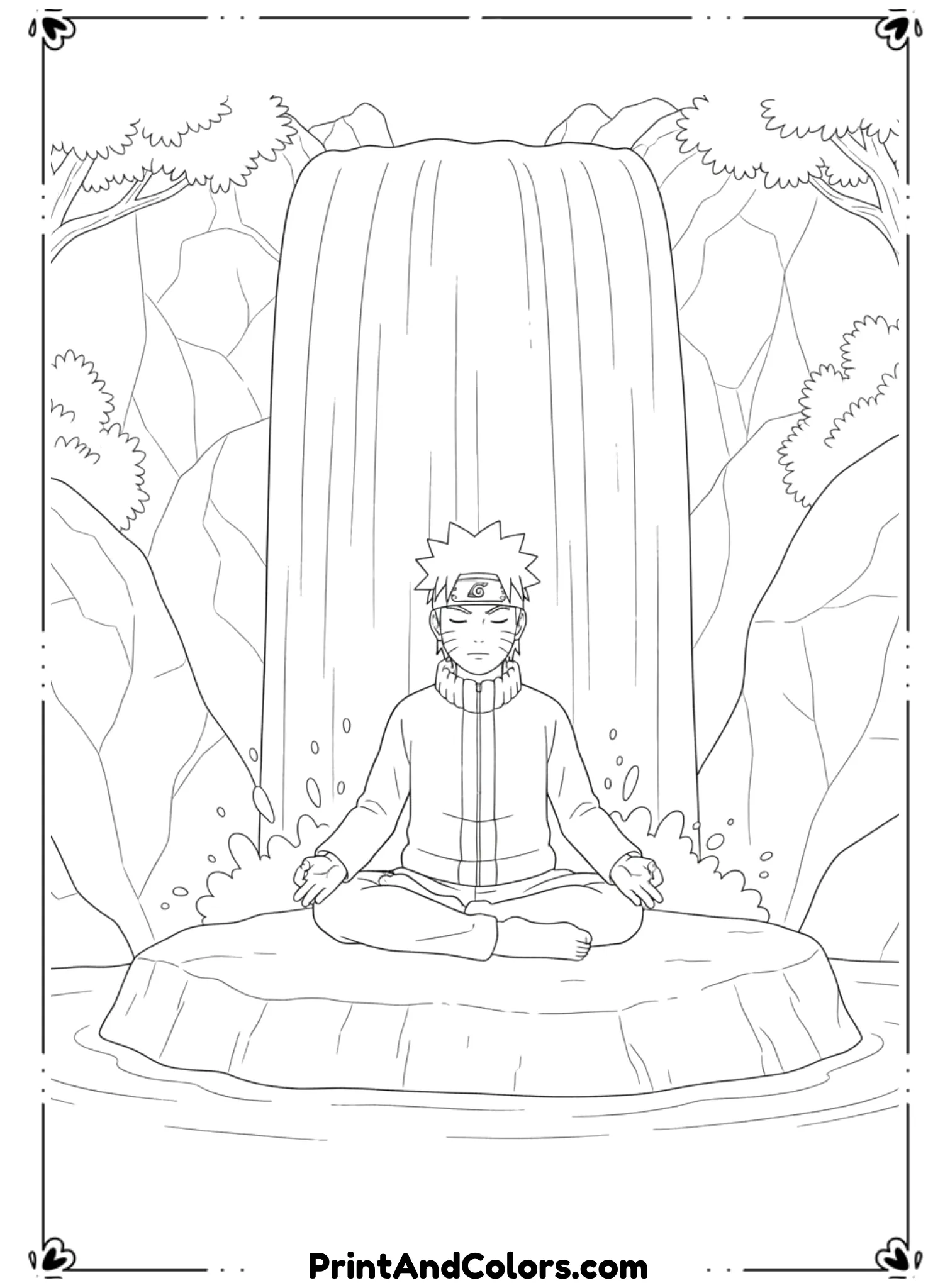 Draw Naruto meditating under a flowing waterfall with calm posture and closed eyes. Water lines are smooth and gentle. Rocks and trees lightly outlined. Black and white line art, no shading, peaceful zen coloring page.
