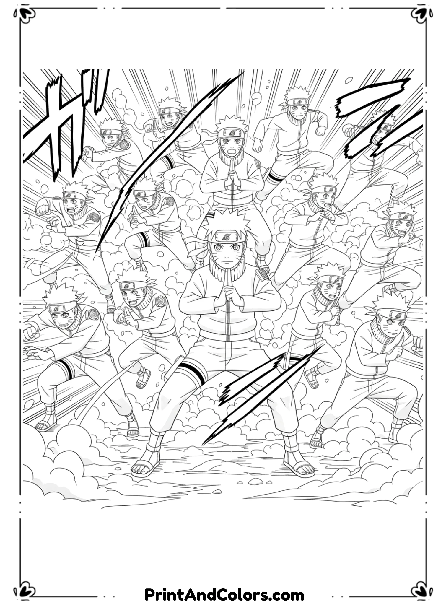 Draw Naruto performing Shadow Clone Jutsu with many clones appearing around him in various poses. Motion lines show rapid creation. Black and white outlines only, no shading.
