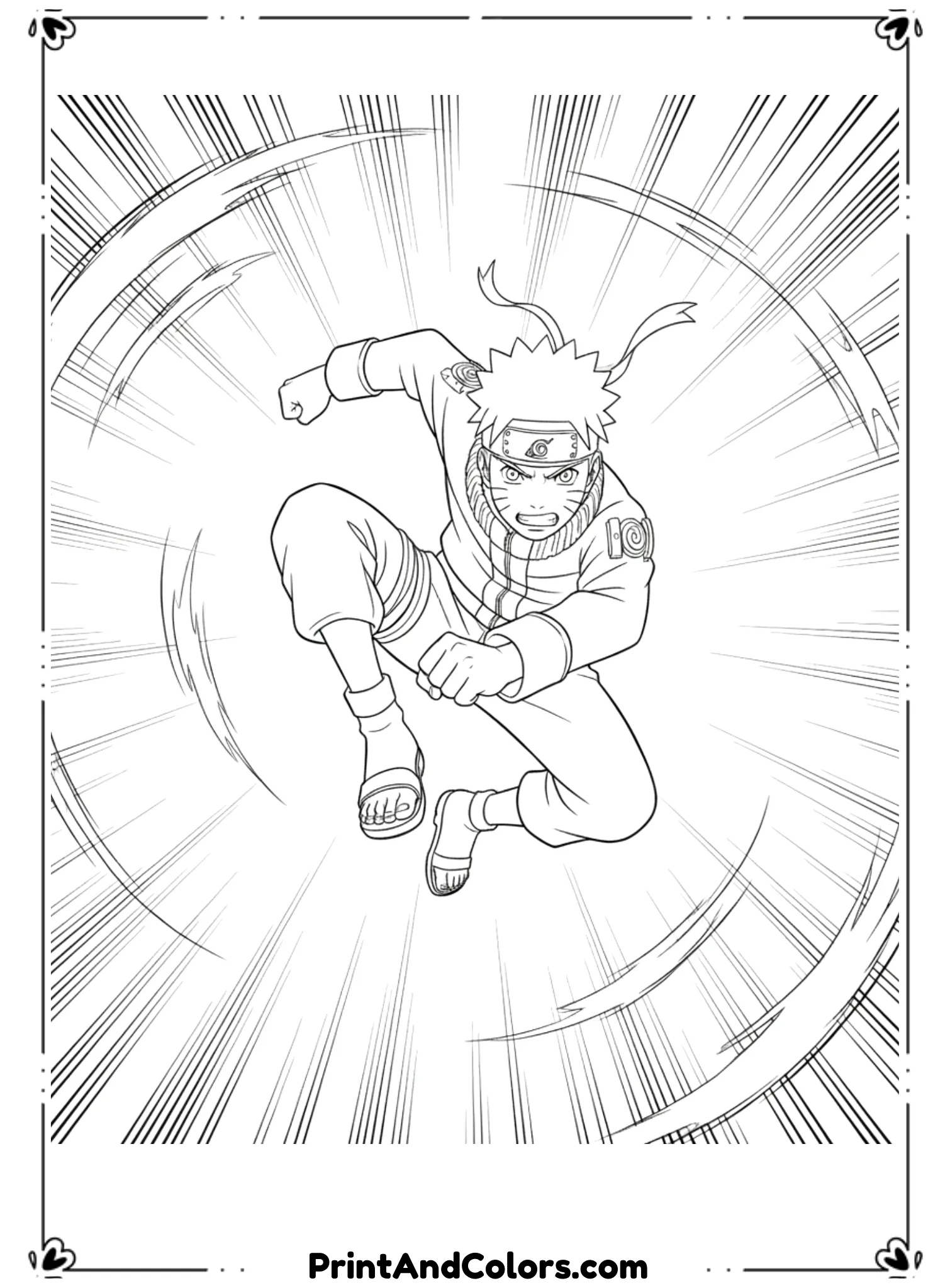  Draw Naruto mid-air executing a powerful jump attack. Strong motion lines emphasize speed and force. Dynamic pose with flowing clothes. Bold black outlines, no shading, action-packed anime coloring page.
