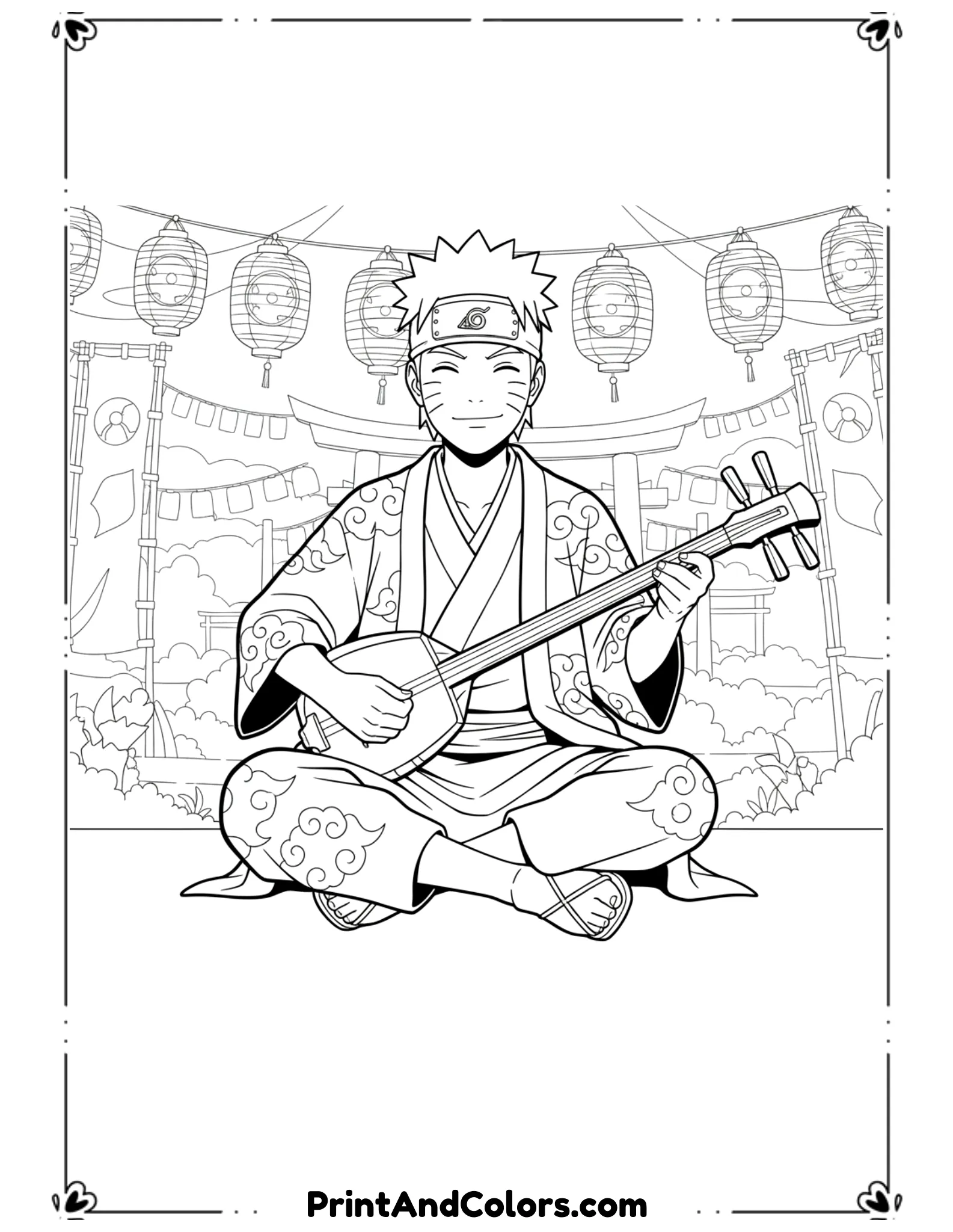  Create black and white line art of Naruto sitting and playing a shamisen during a traditional Japanese festival. He wears festival clothing with simple patterns. Lanterns and festival decorations appear lightly in the background. Calm and joyful expression. Clean bold outlines, no shading, no gray tones, printable cultural anime coloring page.
