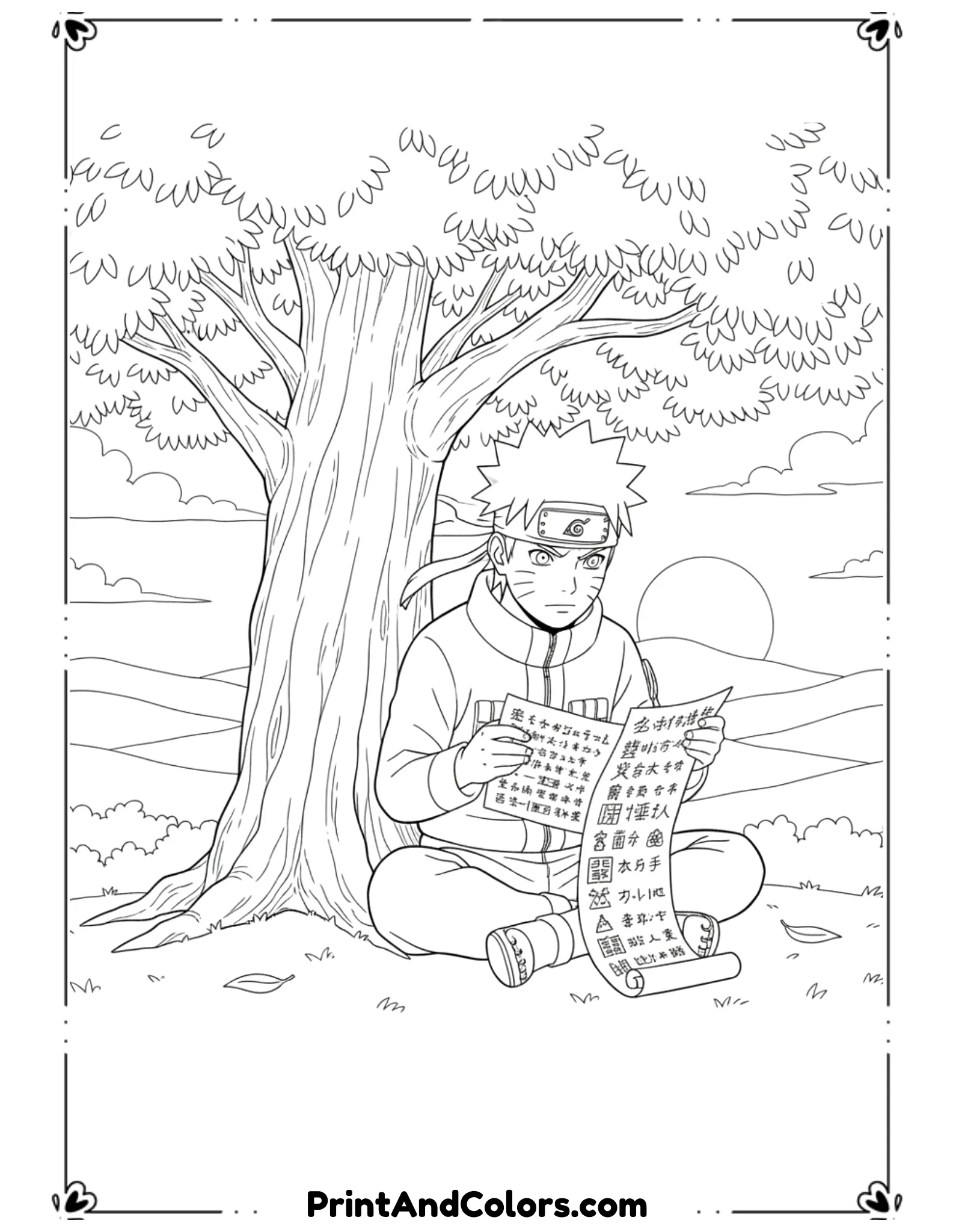  Draw Naruto sitting under a tree reading a secret ninja scroll with a focused expression. Leaves and tree trunk are simply outlined. Clean black line art, no shading, calm and detailed coloring page.
