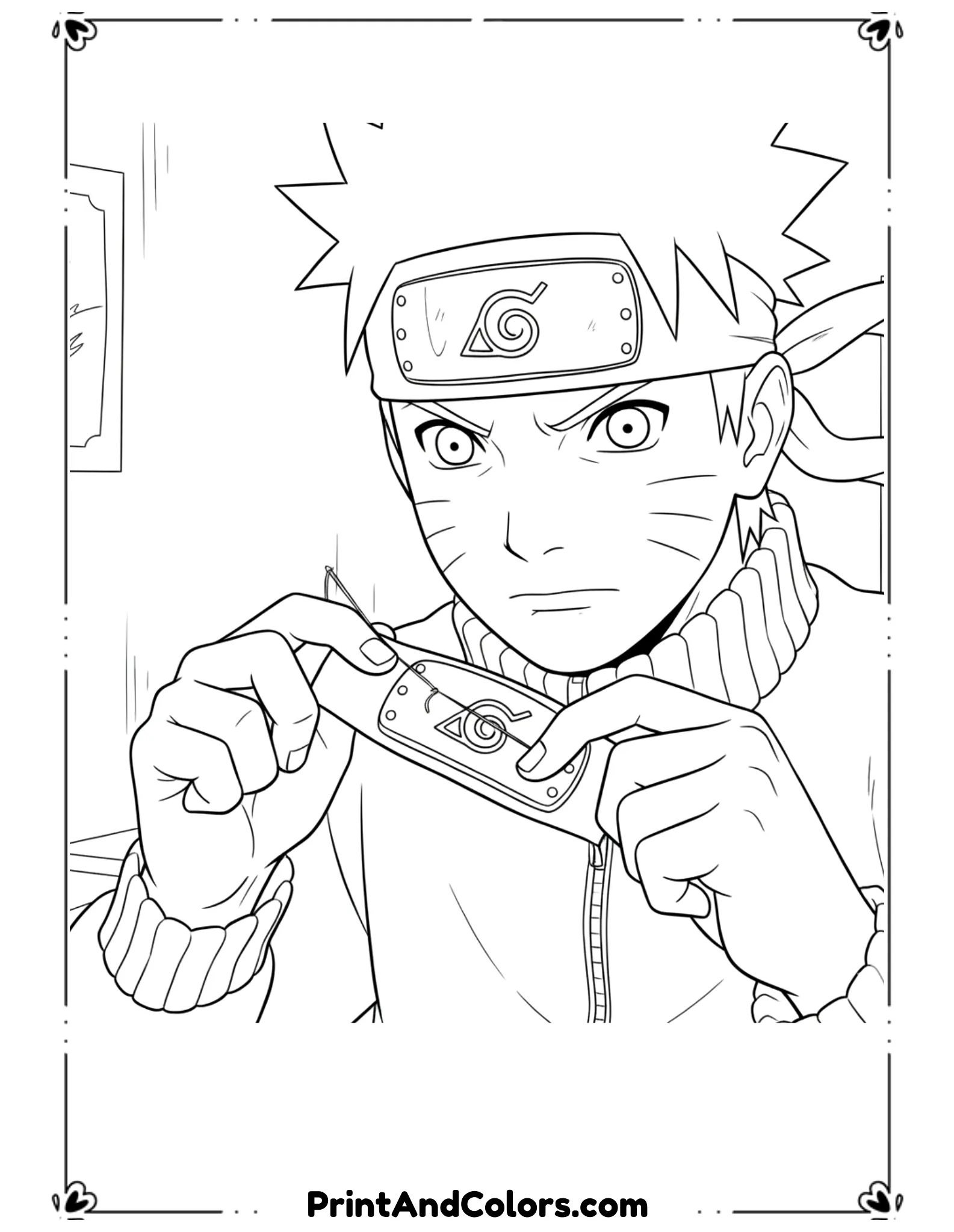  Illustrate Naruto carefully repairing or adjusting his ninja headband with a determined look. Close-up style with clear hand details. Minimal background, bold black outlines, no shading.
