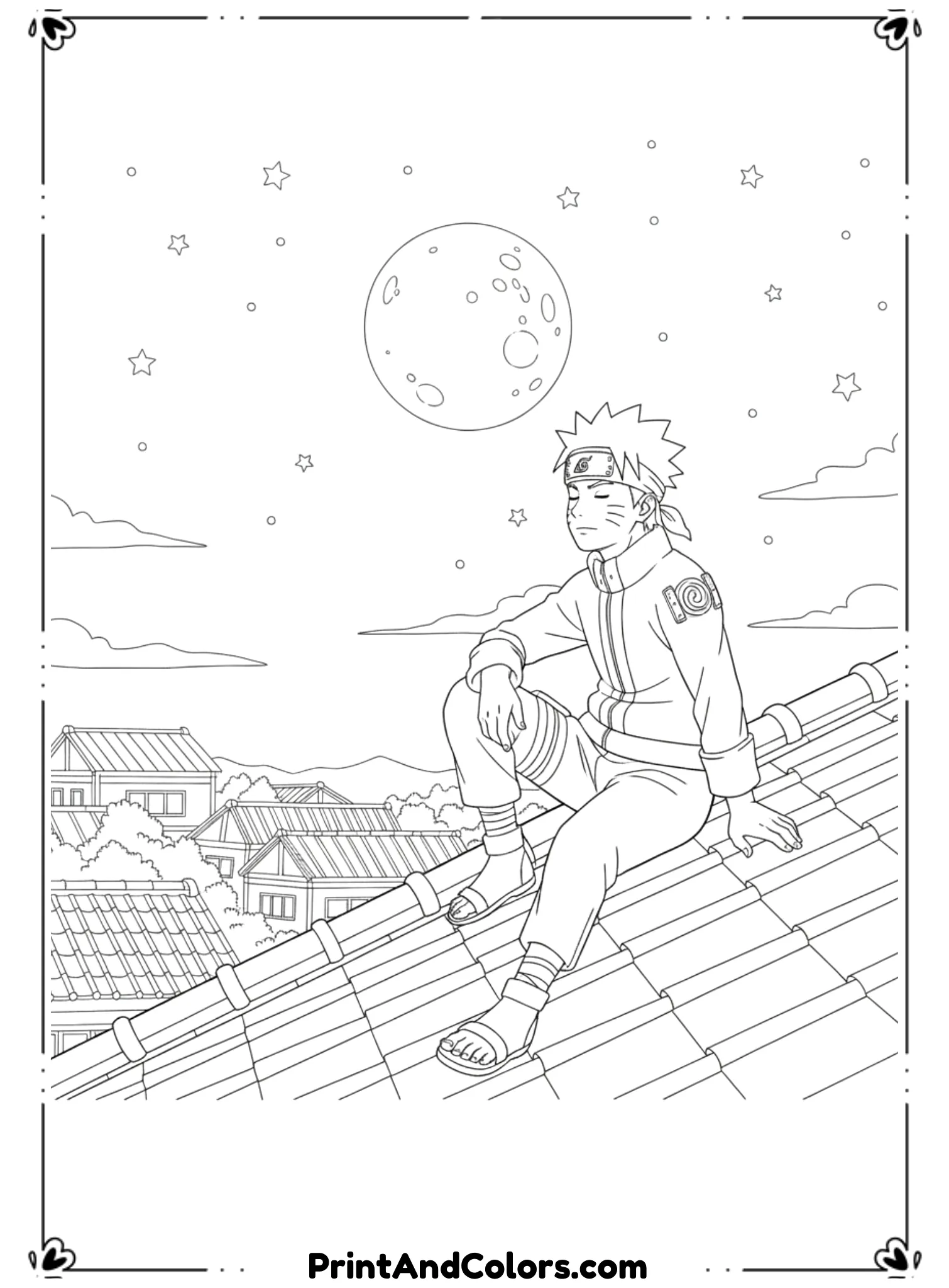  Illustrate Naruto sitting on a rooftop at night under the moonlight, resting peacefully after a mission. Moon, stars, and rooftops are lightly outlined. Black and white line art, no shading, calm nighttime coloring page.
