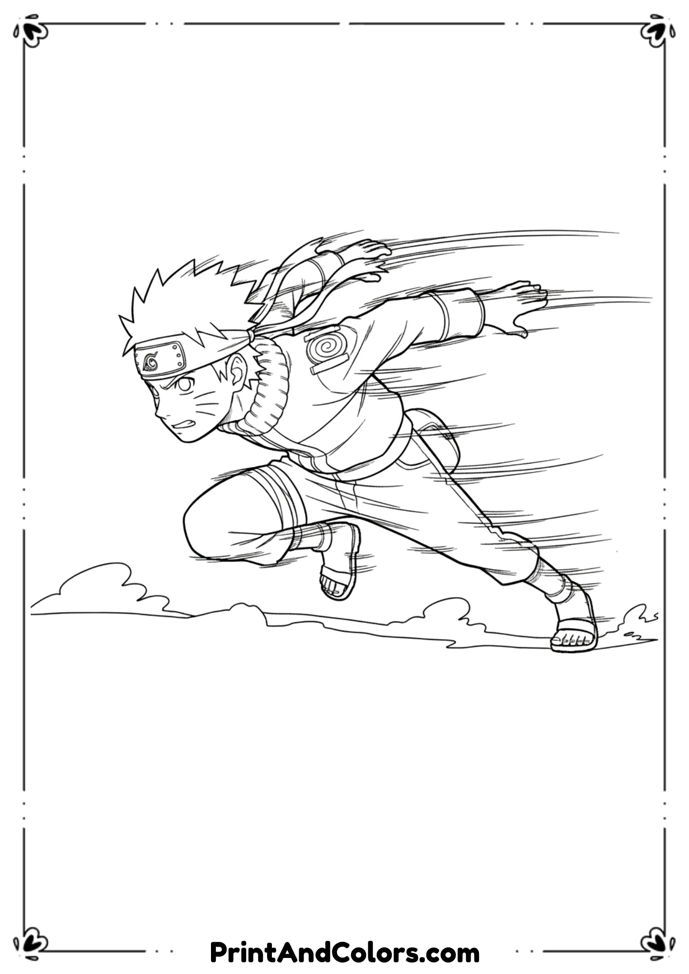  Illustrate Naruto sprinting forward in classic ninja running style with arms stretched back. Motion lines show speed and energy. His headband flows behind him. Black and white line art only, bold contours, no shadows, simple background, kid-friendly coloring page.
