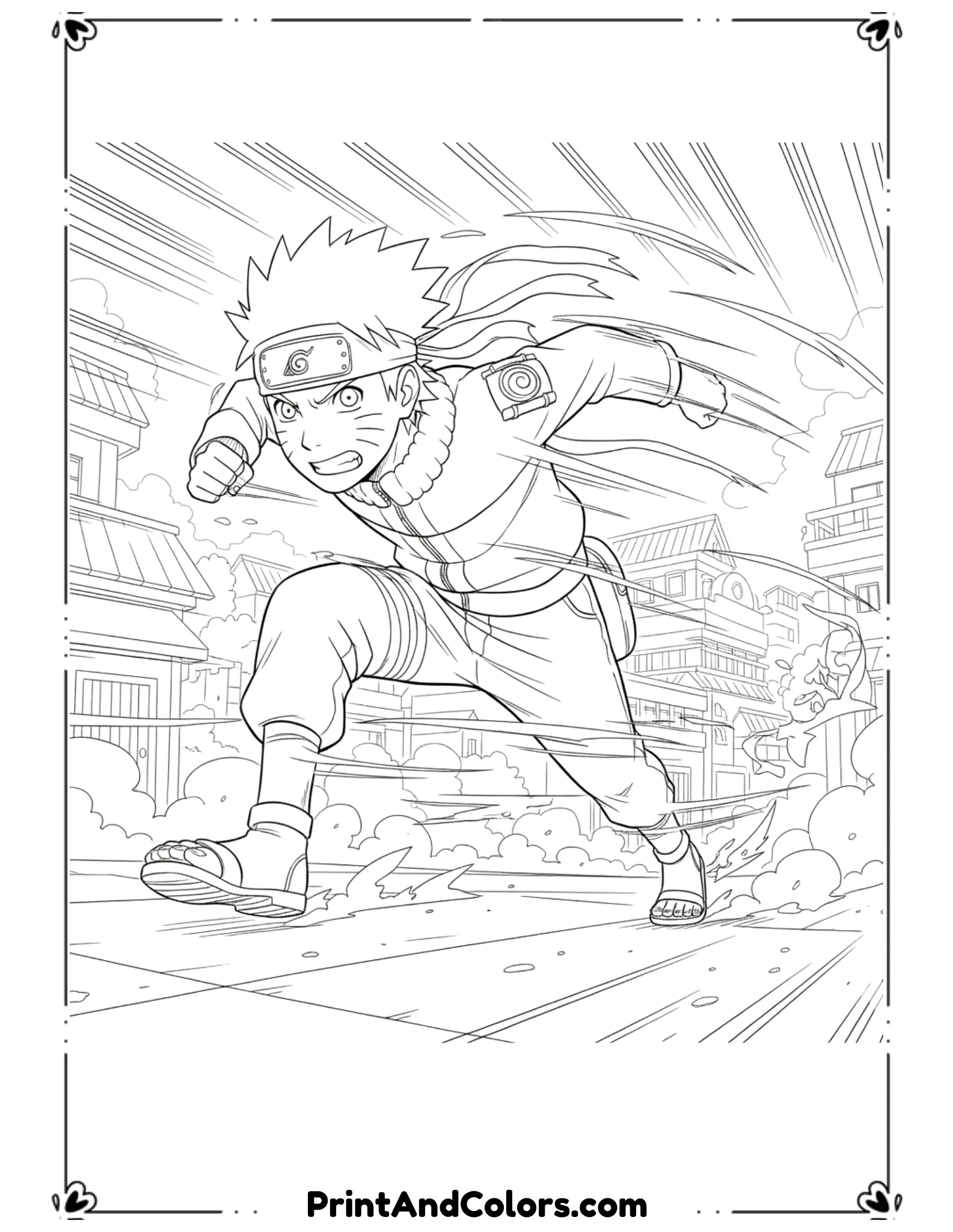  Create a dynamic black and white illustration of Naruto sprinting at full speed through the village using ninja running form. Motion lines emphasize speed. Buildings lightly outlined. Bold outlines, no shading.