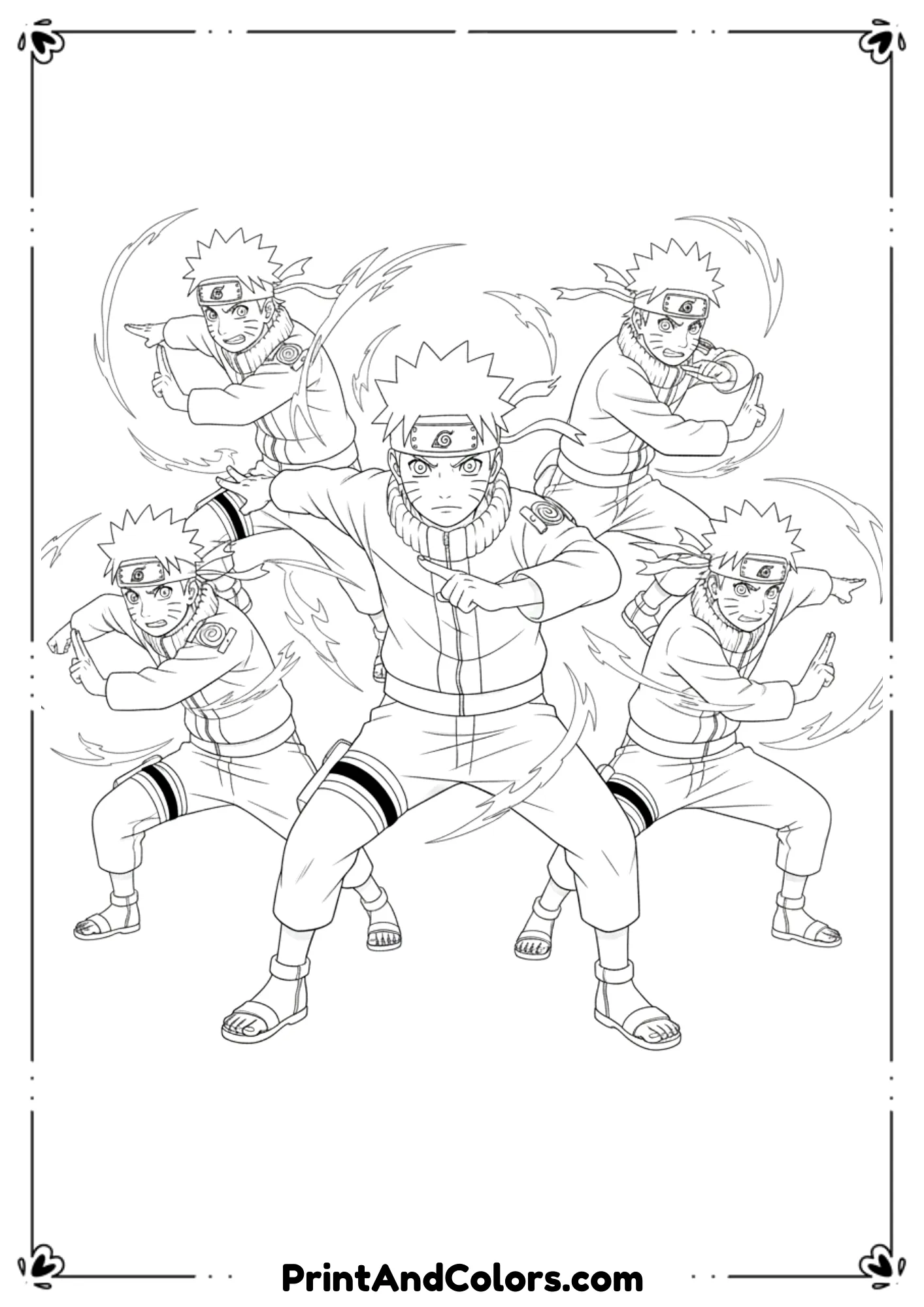 Create black and white line art showing Naruto performing Shadow Clone Jutsu with multiple Naruto clones appearing around him. Add motion and chakra lines without shading. Clean, bold outlines, white background, anime coloring page format.
