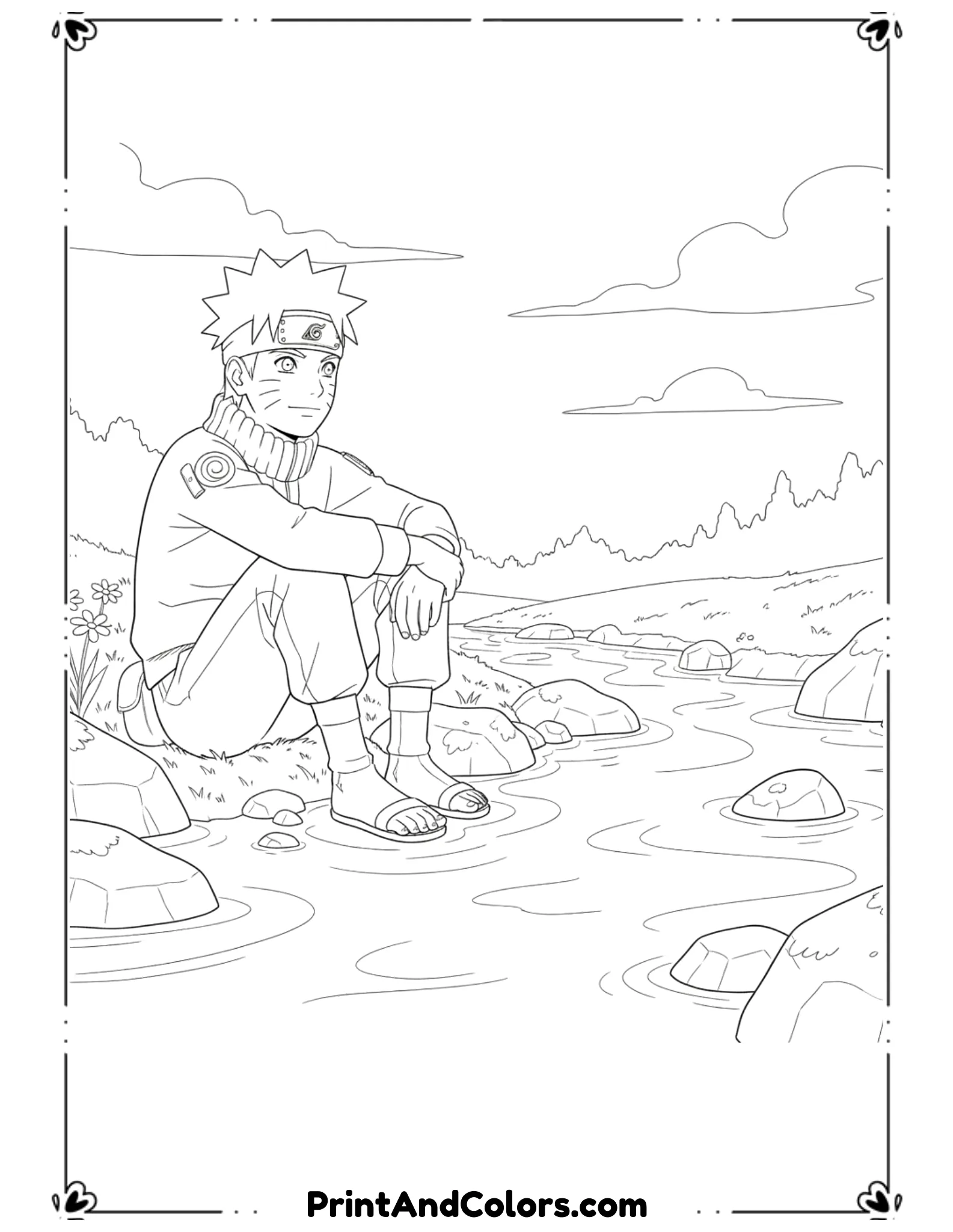  Draw Naruto sitting quietly beside a river, looking thoughtful. Calm facial expression, gentle water lines, rocks nearby. Clean black line art, no shading, peaceful coloring page.
