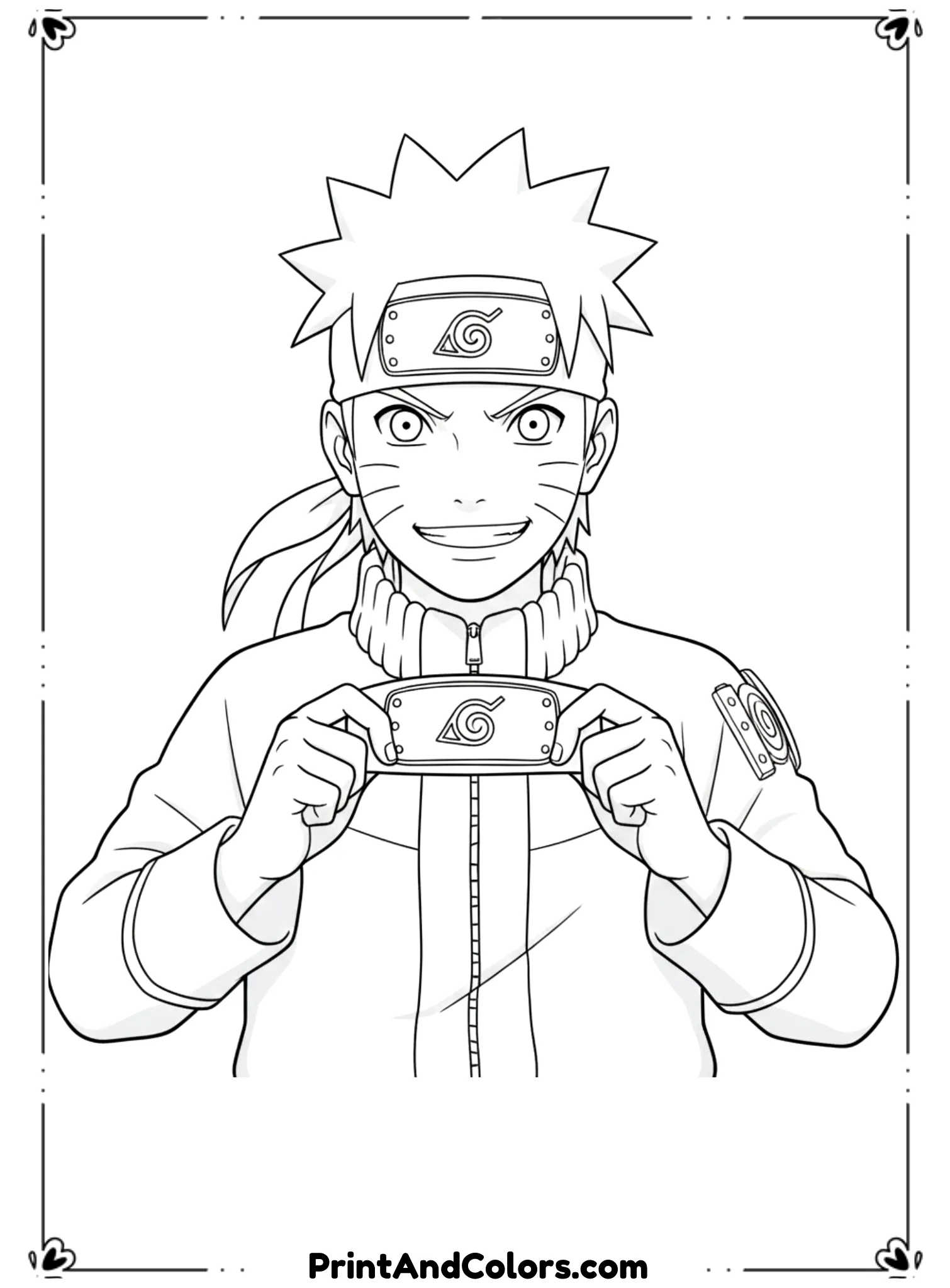  Draw Naruto holding his ninja headband with a confident smile. Close-up composition highlighting determination and pride. Plain background. Bold black outlines, no shading, motivational anime coloring page.
