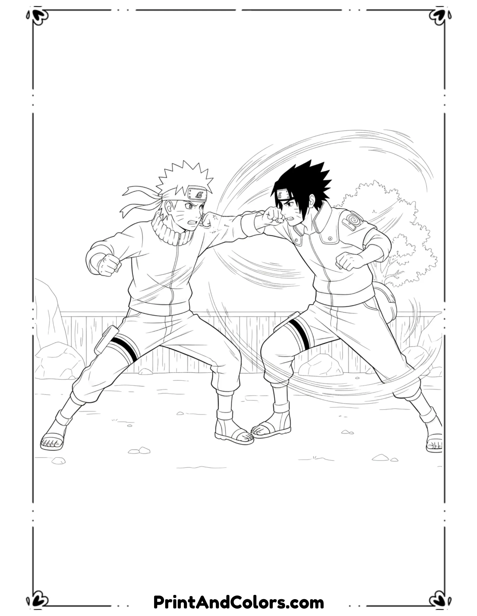  Illustrate Naruto and Sasuke sparring during training with balanced action poses. Motion lines show movement but no dark fills. Minimal background, bold outlines, anime battle coloring page.