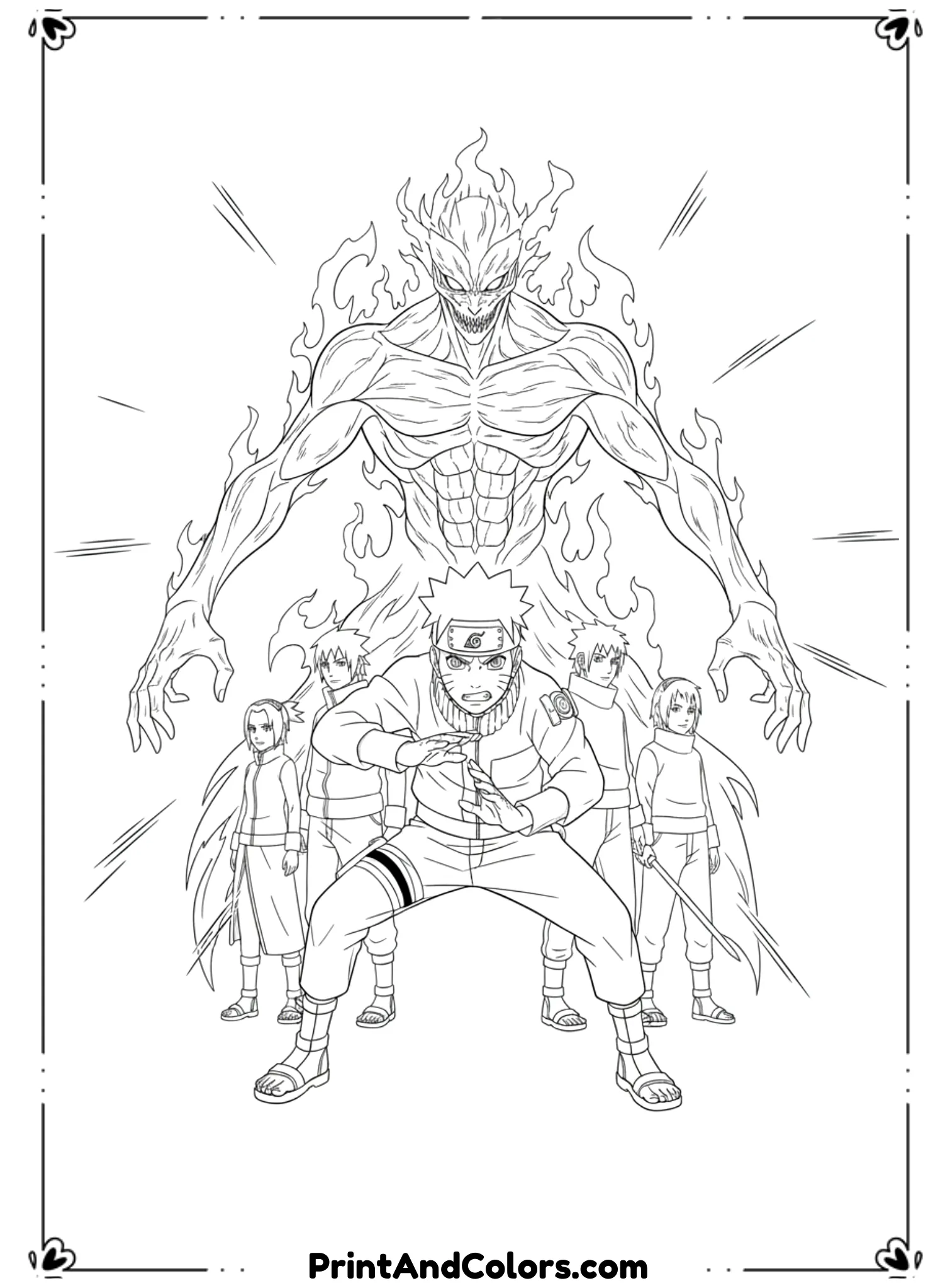  Illustrate Naruto standing bravely in front of a giant enemy, arms ready to defend. His friends appear behind him. Dramatic scale difference but clean outlines. No shading, heroic anime coloring sheet.
