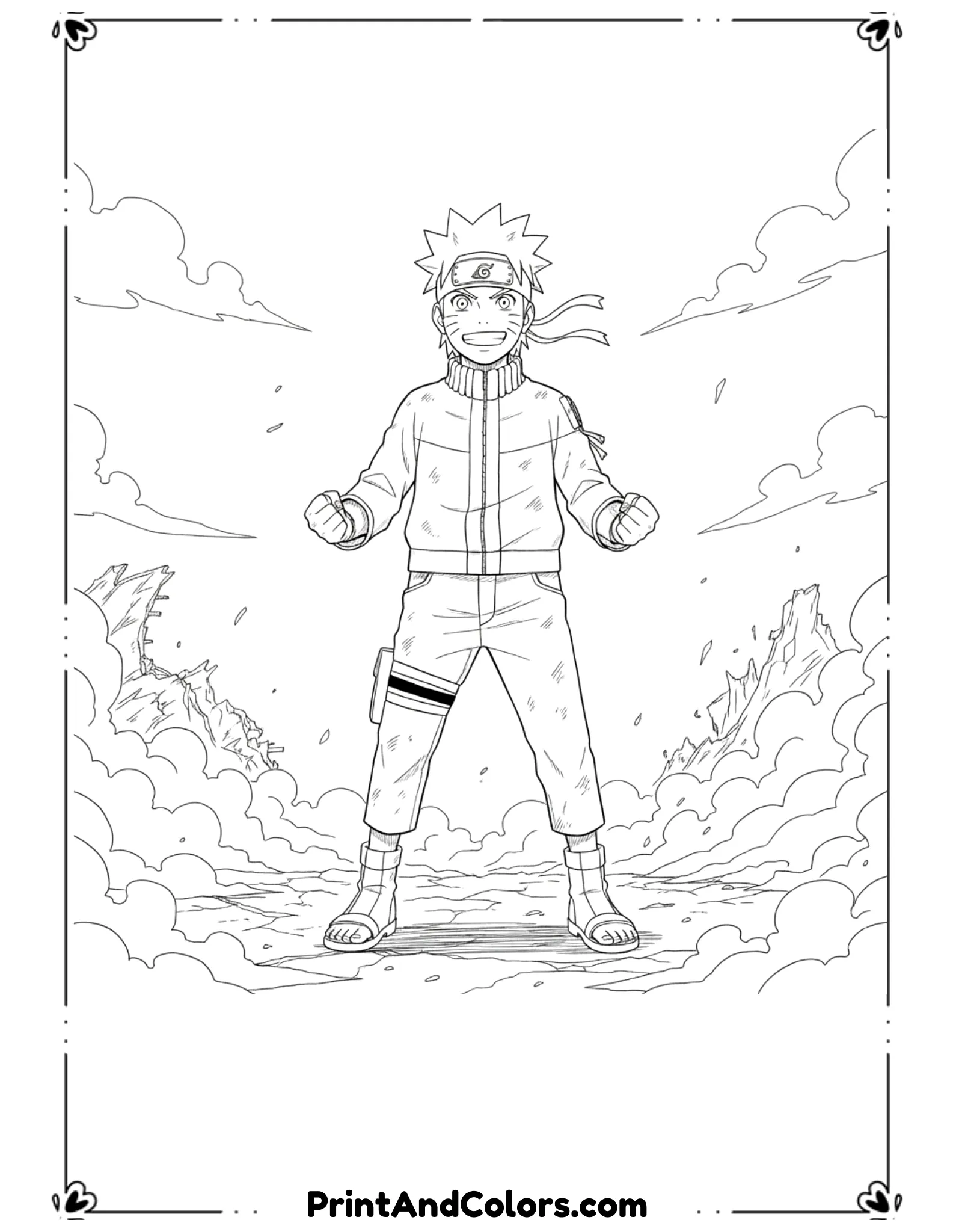  Draw Naruto standing tall after a battle victory, fists clenched and confident smile. Torn ground or light battle marks around him. Clean black outlines, no shading.
