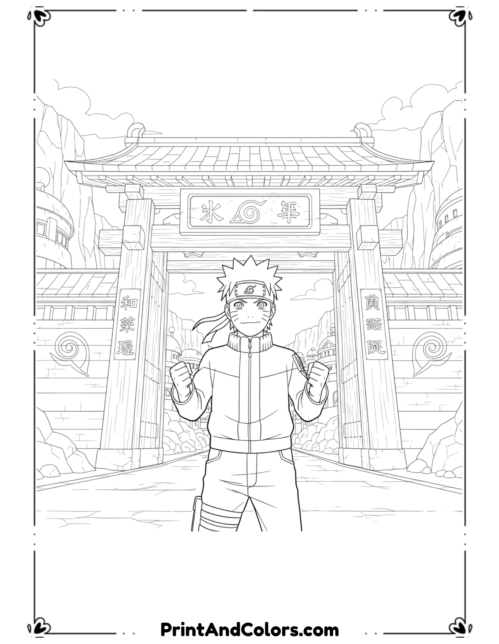  Draw Naruto standing proudly in front of the Hidden Leaf Village gate. Confident posture, gate symbols lightly outlined. Bold black outlines, no shading.
