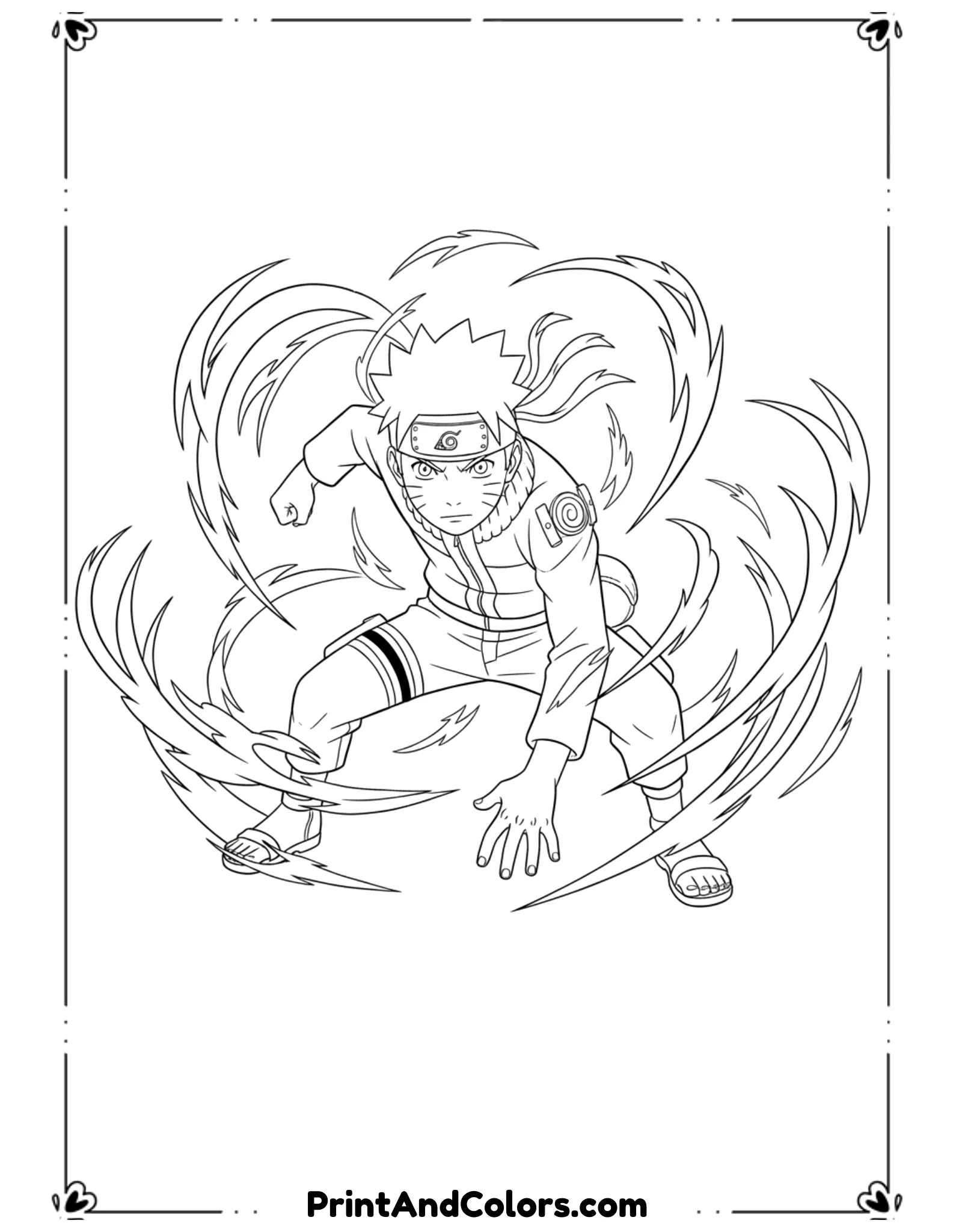 Illustrate Naruto in an action stance surrounded by swirling chakra energy lines. Energy is drawn using curved outlines only. Black and white line art, no shading, bold and dynamic.
