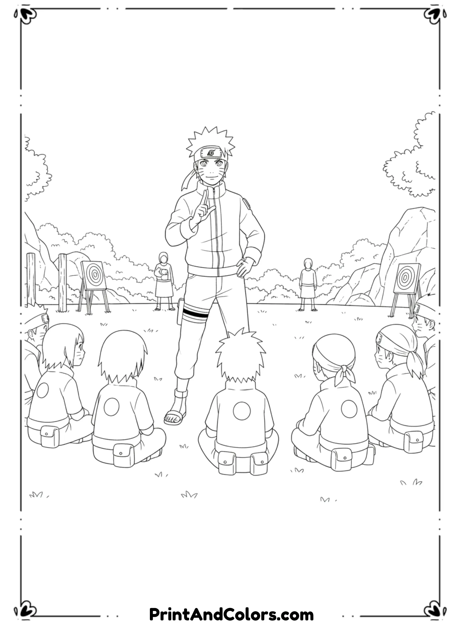  Draw Naruto instructing young ninja students during training. Naruto gestures confidently while kids listen attentively. Simple training ground background. Clean black outlines, no shading, educational anime coloring page.
