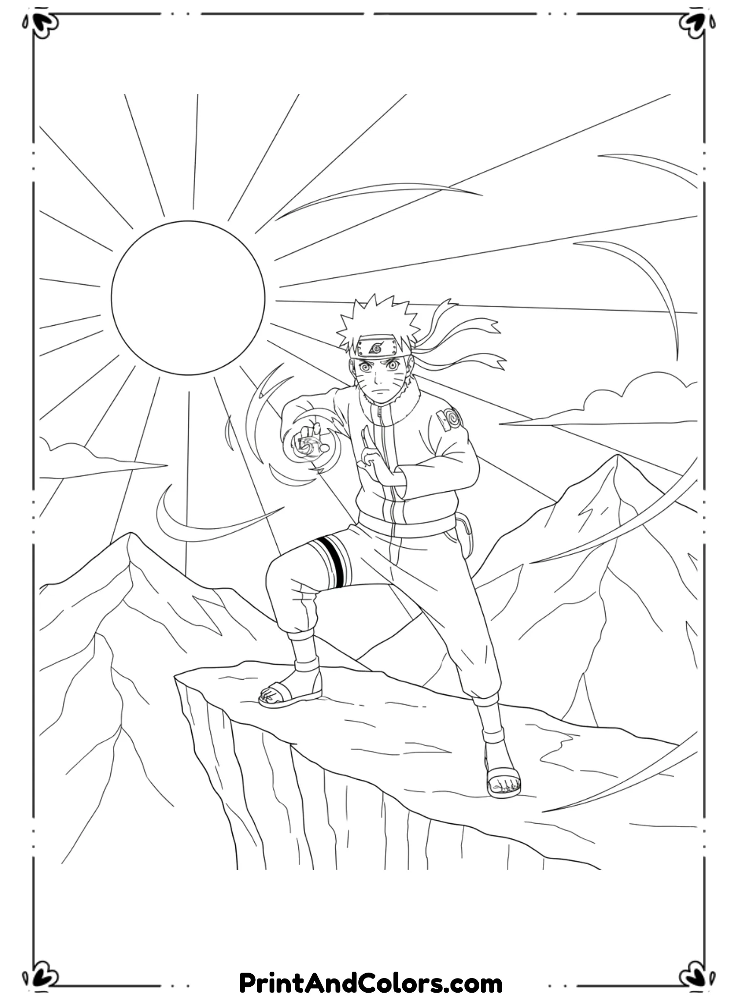 Naruto Training Alone on a Mountain Cliff While Practicing Advanced Ninja Techniques at Sunrise Coloring For Kids
