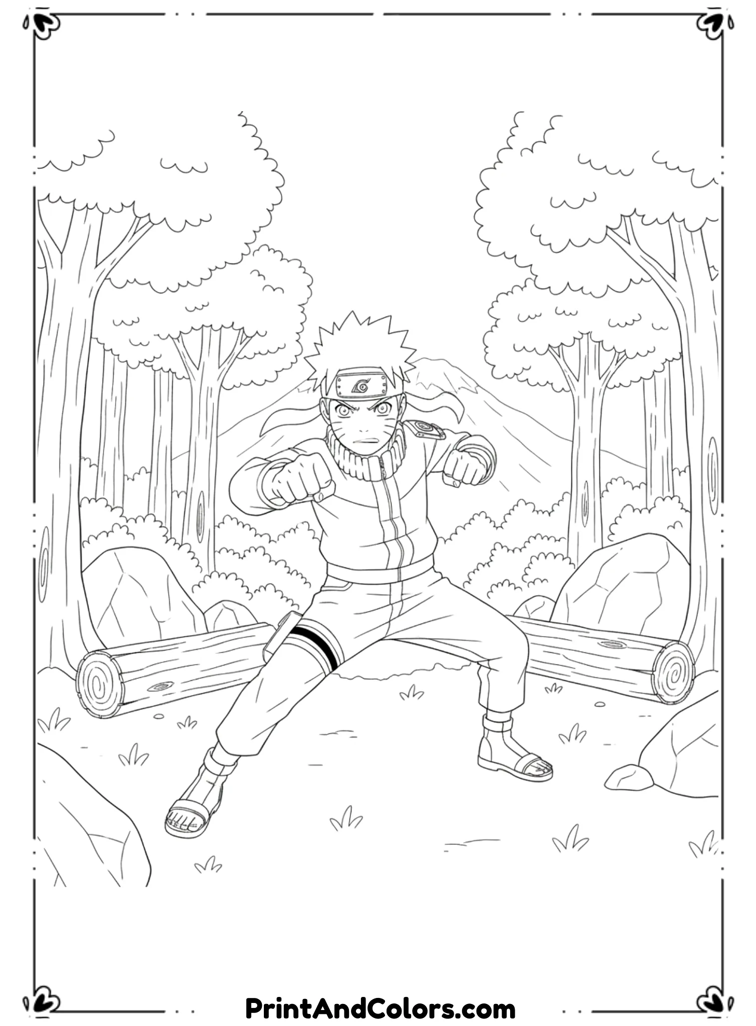  Draw Naruto and Jiraiya walking together on a ninja journey with backpacks and relaxed expressions. Road and trees lightly sketched behind them. Clean black outlines, no shading, friendly anime coloring page style.
