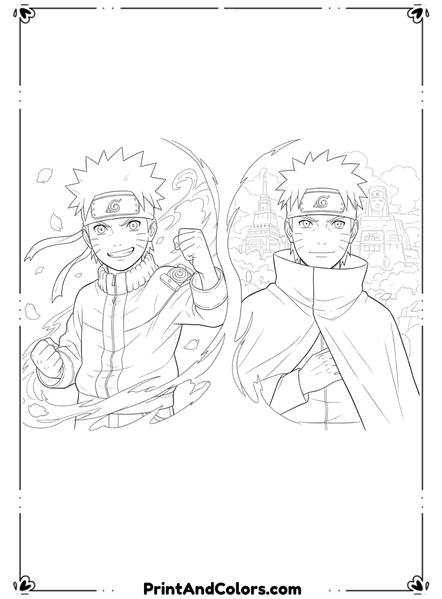  Create a single scene showing Naruto transforming from a young ninja on one side to Hokage on the other. Gradual progression in poses and outfits. Clean black outlines, no shading, inspirational coloring page.