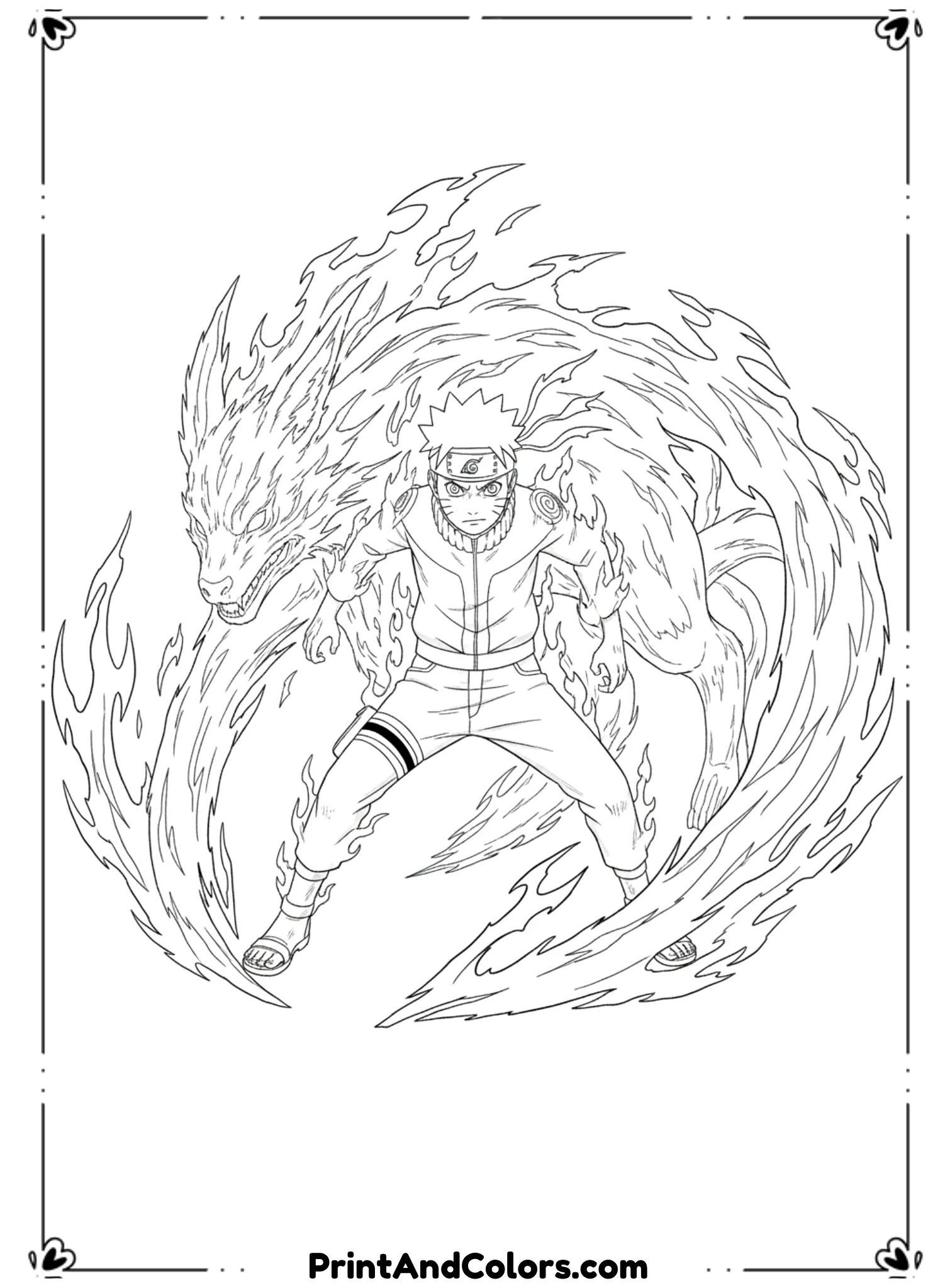  Illustrate Naruto surrounded by Kurama chakra energy with flame-like aura lines. Naruto stands in a powerful stance. Black and white line art only, no shading, bold contours, anime coloring sheet.
