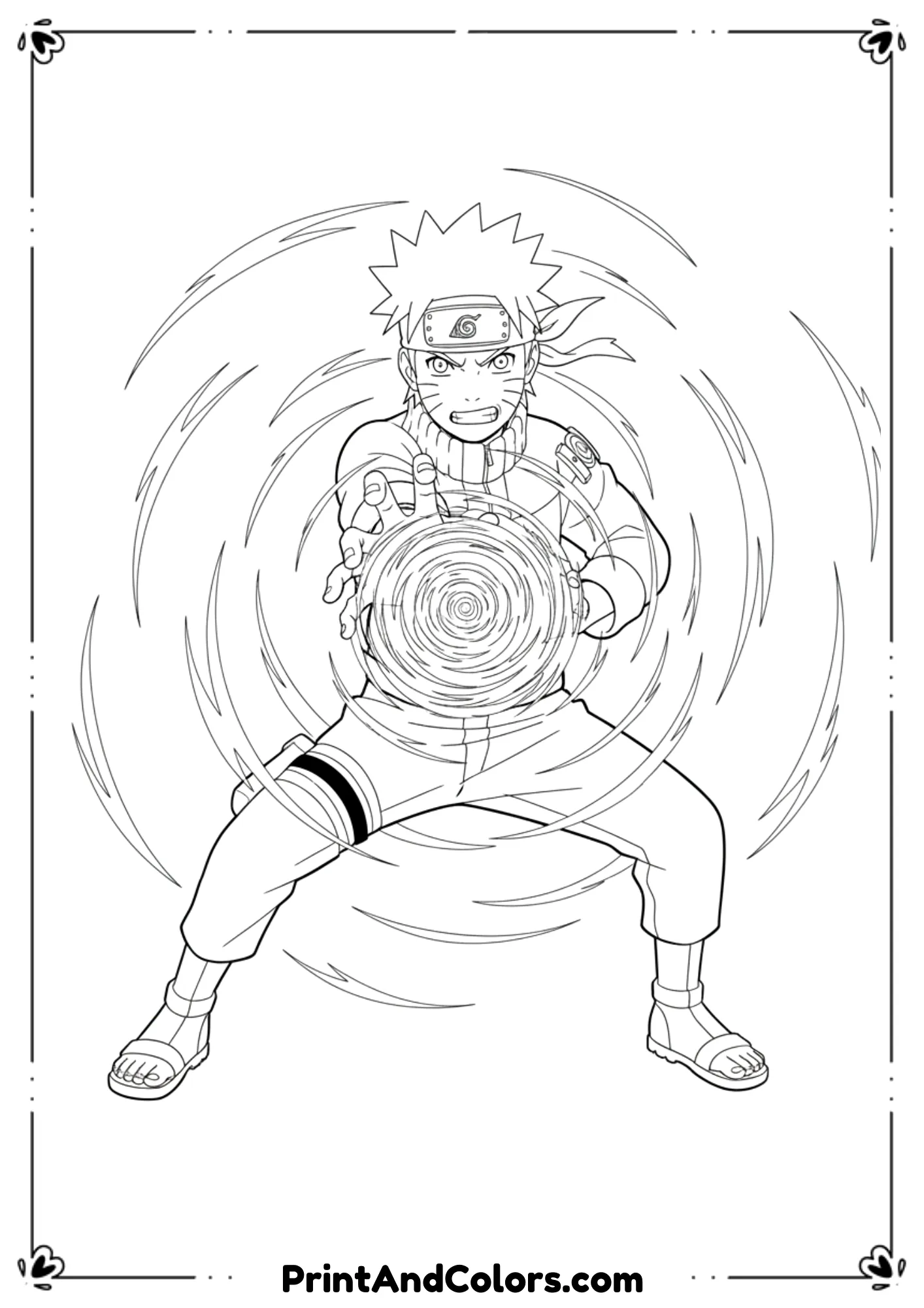 Black and white line art of Naruto Uzumaki forming a powerful Rasengan in his hand. Dynamic action pose with swirling energy lines around the Rasengan. Naruto’s expression is focused and determined. His ninja outfit, headband, and spiky hair are clearly detailed. No background clutter, just light motion lines. Thick, clean outlines, no shading, perfect for printable coloring pages.
