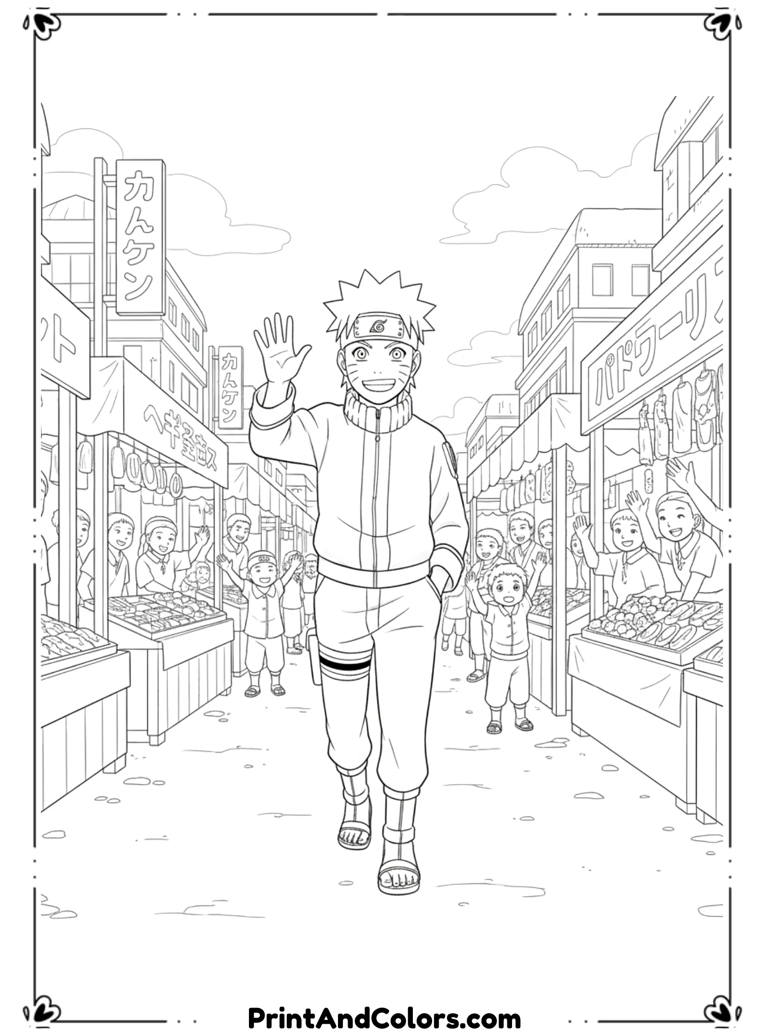  Illustrate Naruto walking through a village marketplace waving and smiling at villagers. Market stalls and signs are simply outlined. Friendly atmosphere. Clean black outlines, no shading, daily-life anime coloring page.
