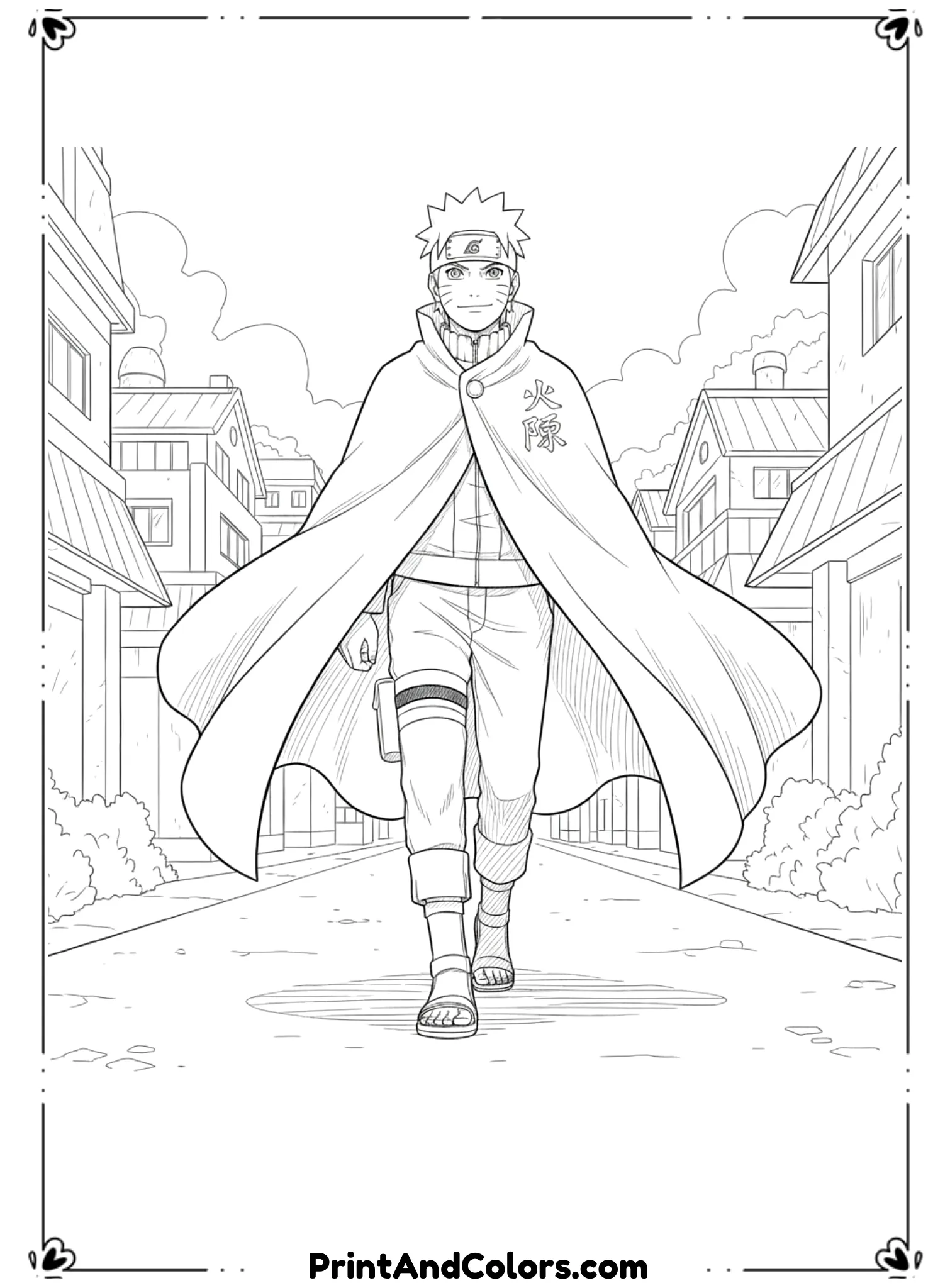  Illustrate Naruto wearing the Hokage cloak while walking confidently through the Hidden Leaf Village. Cloak flows behind him. Village buildings lightly sketched. Clean black outlines, no shading.
