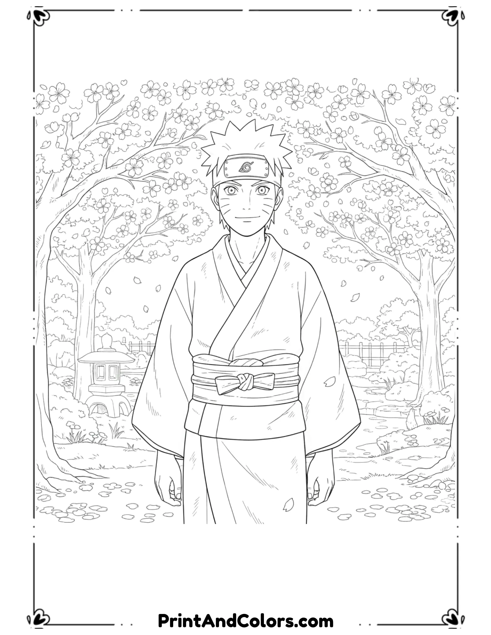 Illustrate Naruto wearing a traditional Japanese kimono beneath blooming cherry blossom trees. Calm smile, petals falling lightly. Clean black outlines, no shading, cultural anime coloring page.
