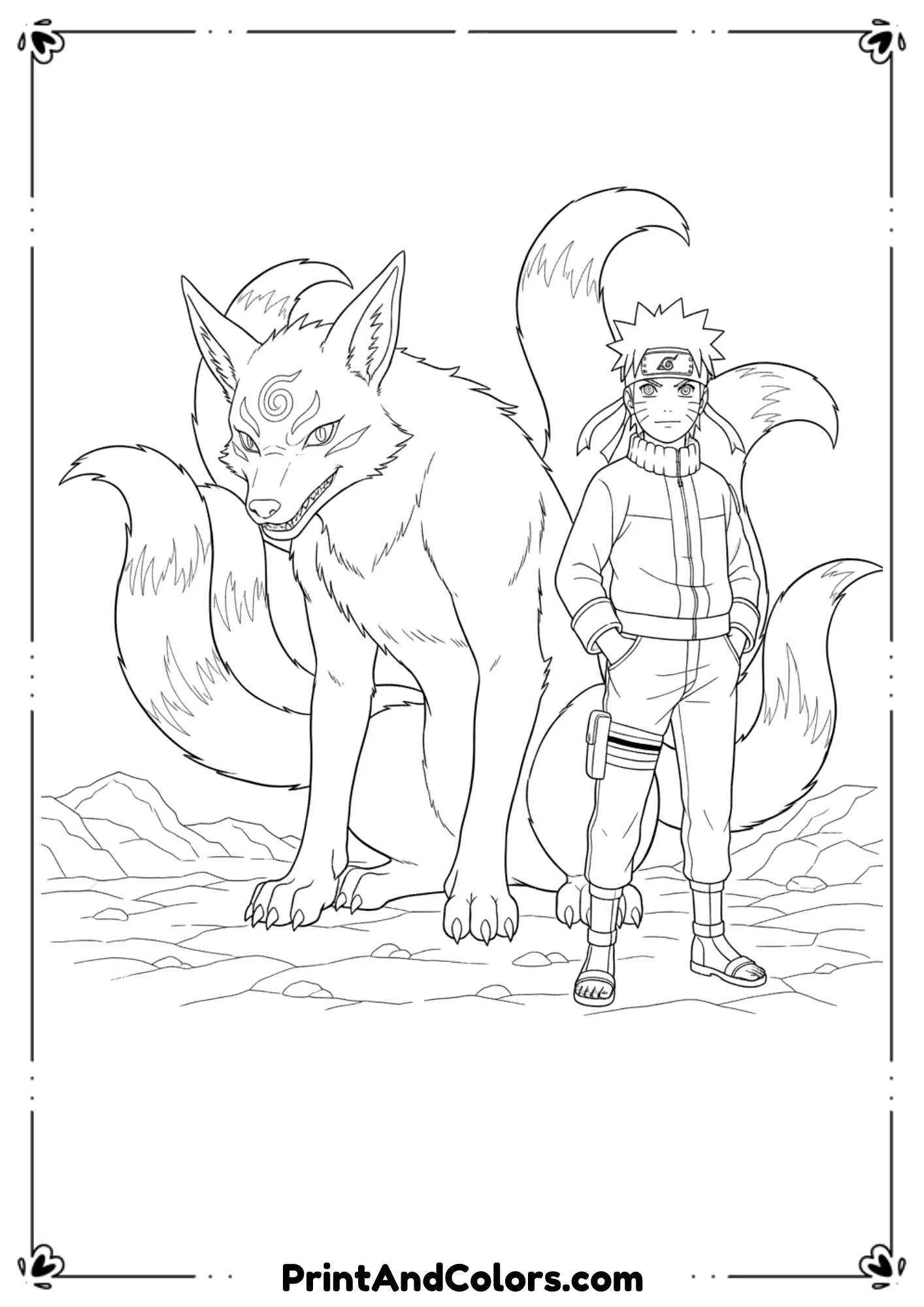  Black and white line art of Naruto standing beside Kurama, the Nine-Tailed Fox. Naruto appears calm and brave while Kurama looks powerful behind him. Use strong outlines to define Kurama’s tails and Naruto’s ninja outfit. Minimal background, no shading, clean printable coloring sheet.
