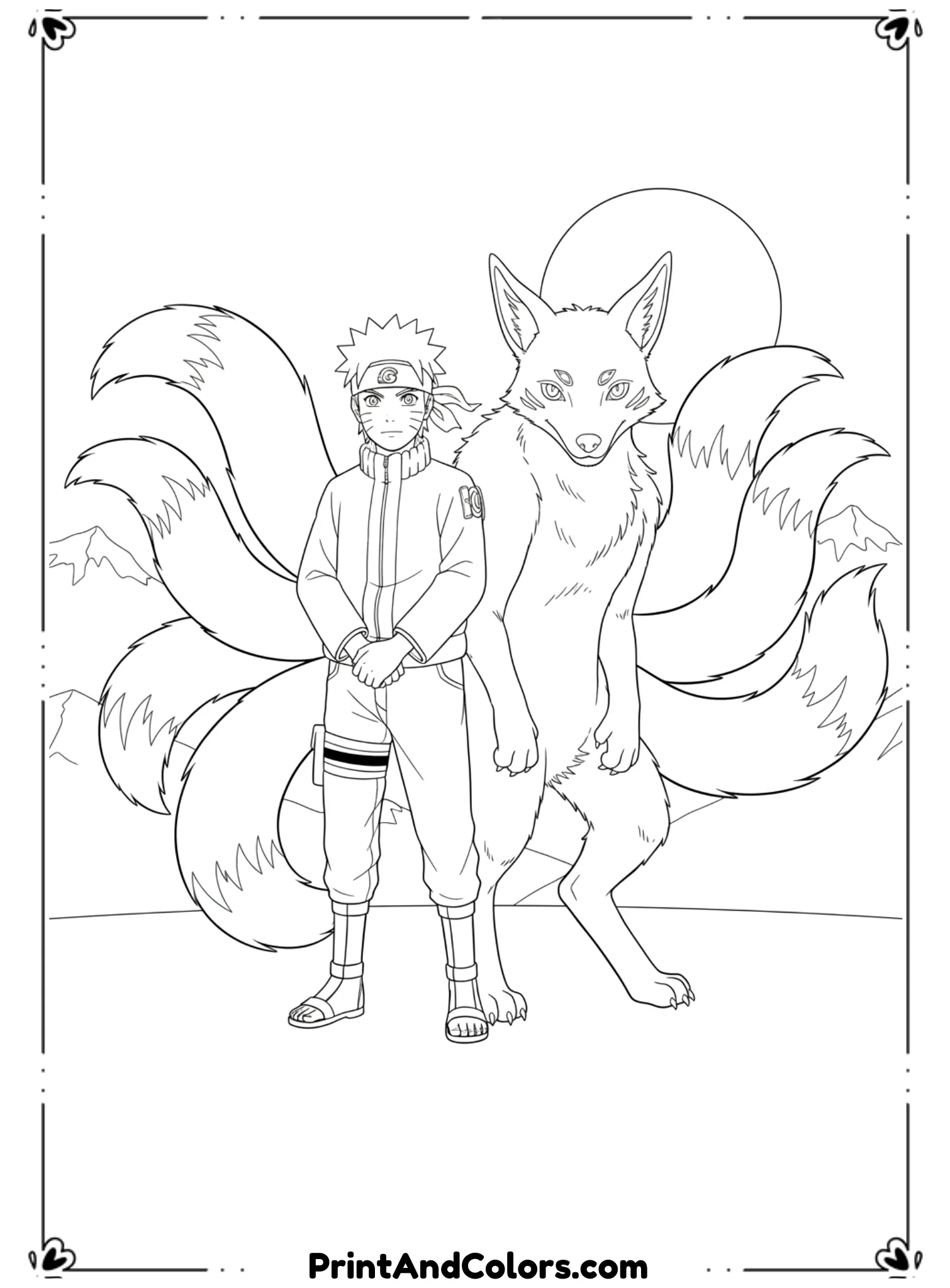  Illustrate Naruto standing beside Kurama in harmony, both appearing calm and united. Kurama’s tails curve gently behind. Clean outlines, no shading, partnership-themed coloring page.
