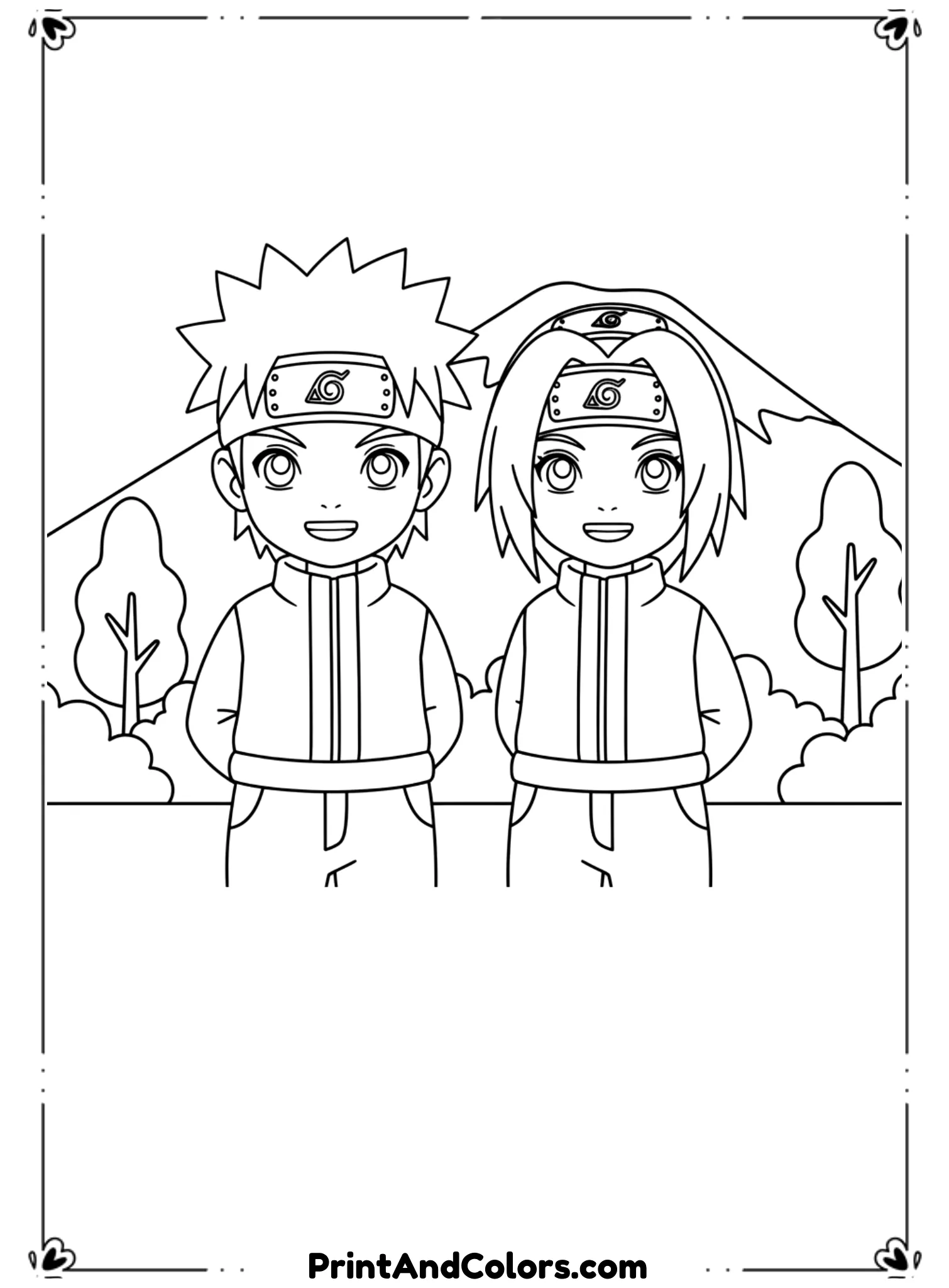  Draw Naruto and Sakura standing together in a friendly Team 7 pose. Smiling expressions, simple ninja outfits. Clean black outlines, minimal background, kid-friendly printable coloring page.
