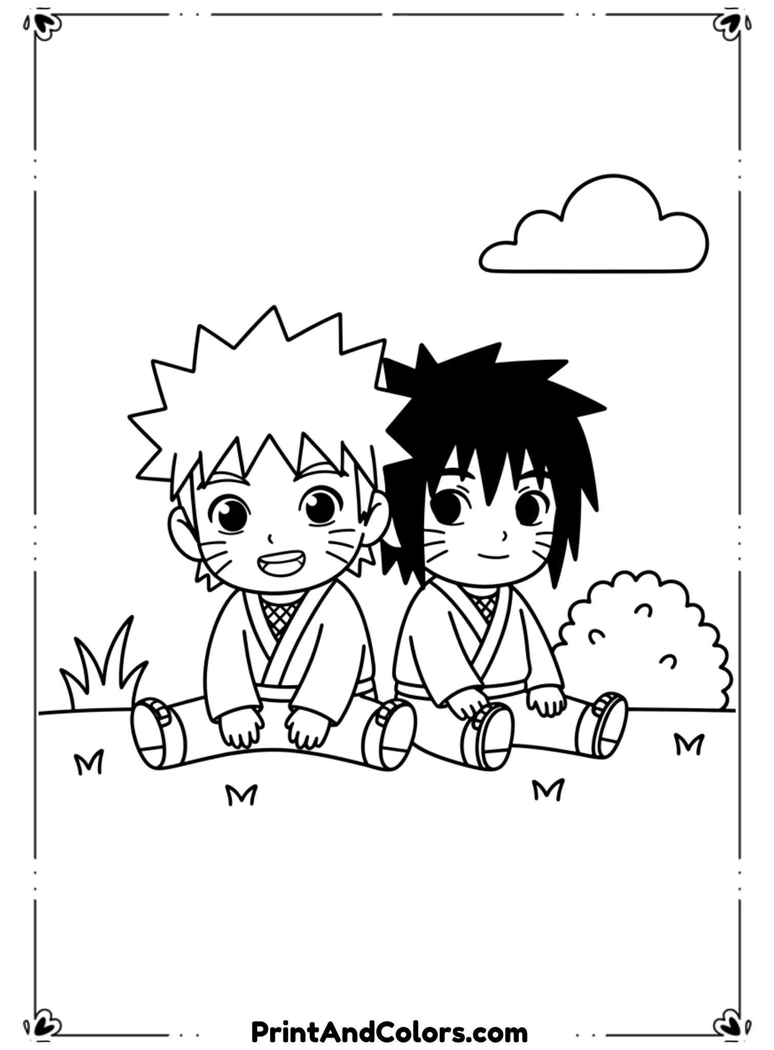 Illustrate young Naruto and Sasuke as kids playing or sitting together. Cute proportions, simple expressions, very minimal background. Thick outlines, no shading, preschool-friendly coloring page.
