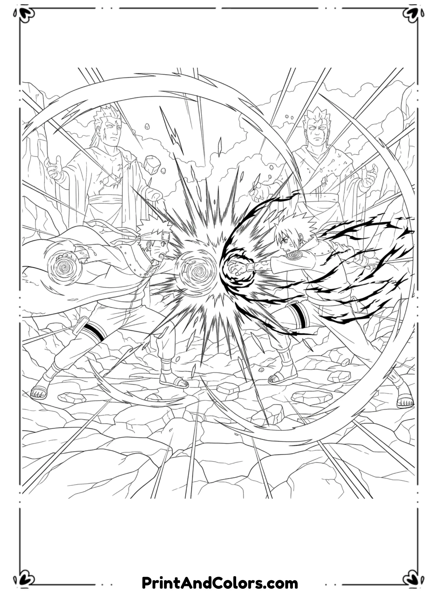  Draw Naruto and Sasuke clashing in the Final Valley with intense energy colliding between them. Powerful stances, dramatic motion lines. No dark fills, clean black outlines, action coloring page.
