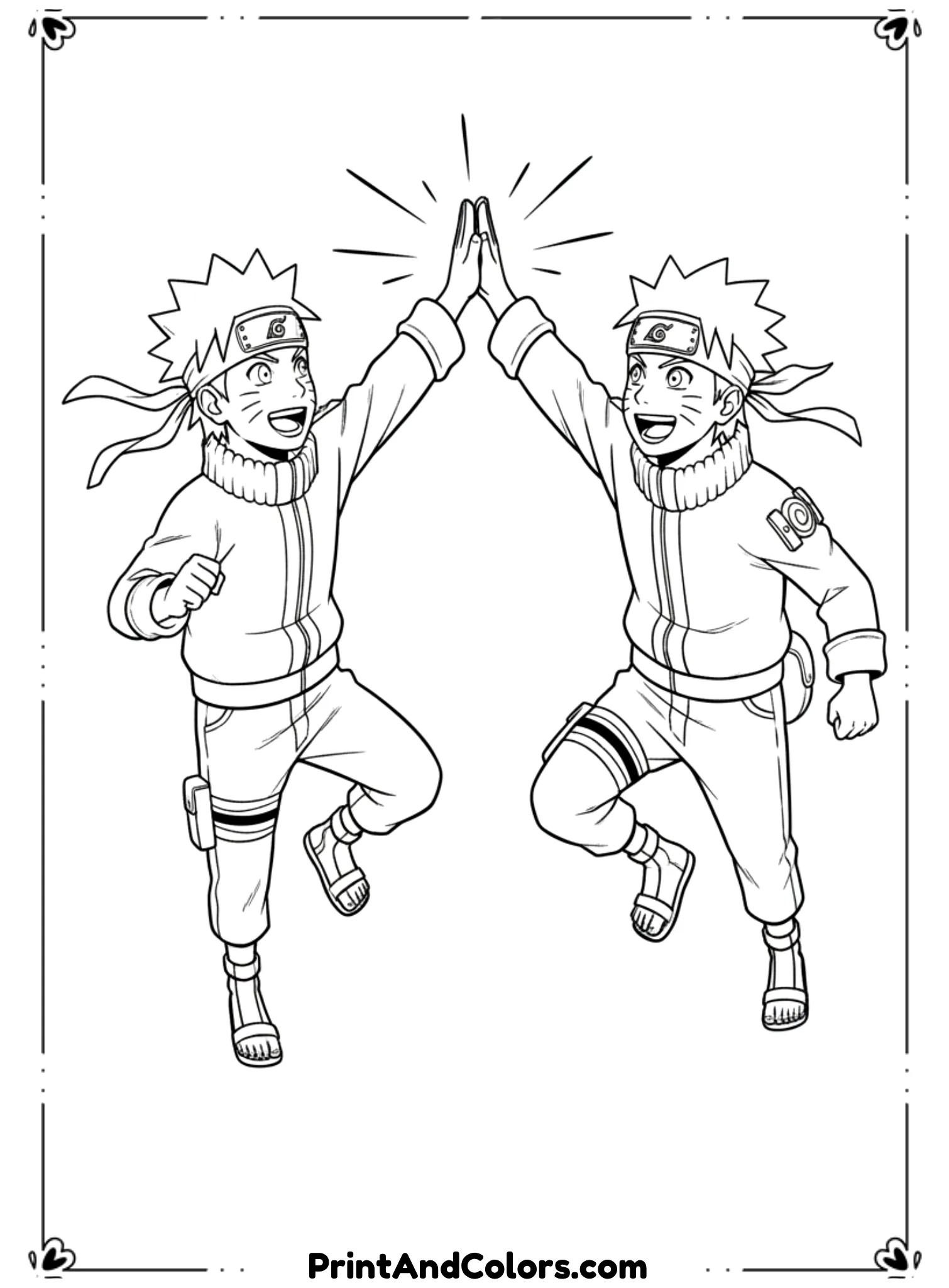  Draw Naruto high-fiving one of his shadow clones in celebration. Both characters are smiling with joyful expressions. Simple celebratory motion lines. Black and white line art, bold outlines, no shading.
