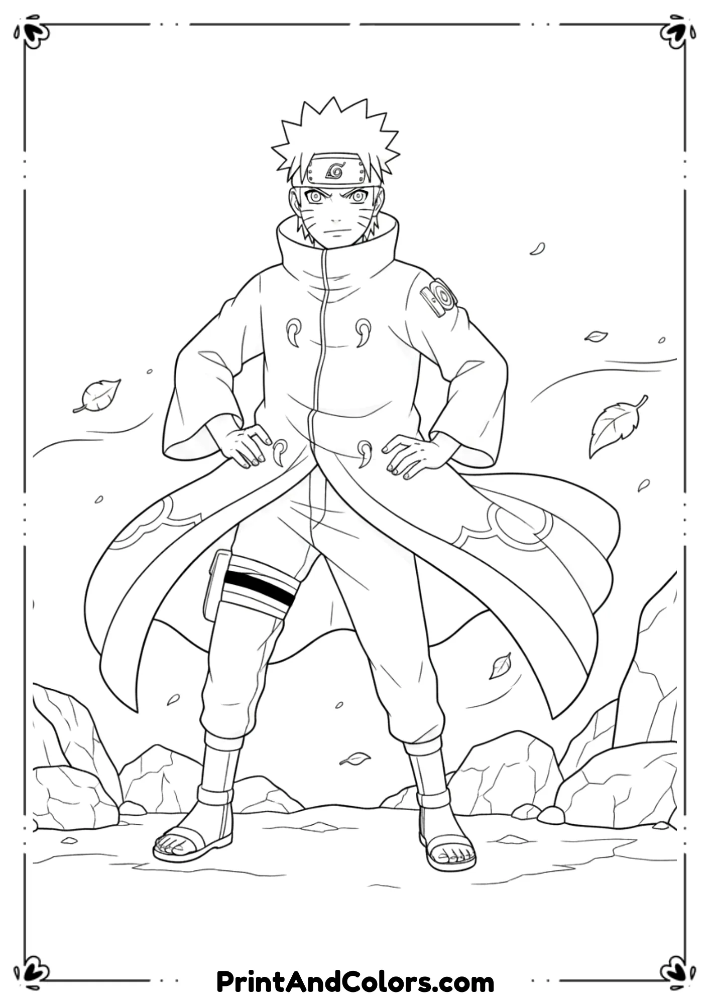  Create detailed black and white line art of Naruto in Sage Mode with sharp eyes, sage markings on his face, and confident stance. He wears his sage cloak flowing slightly. Add subtle natural elements like rocks or leaves. No color, no shading, bold anime-style outlines, simple background, optimized for coloring.
