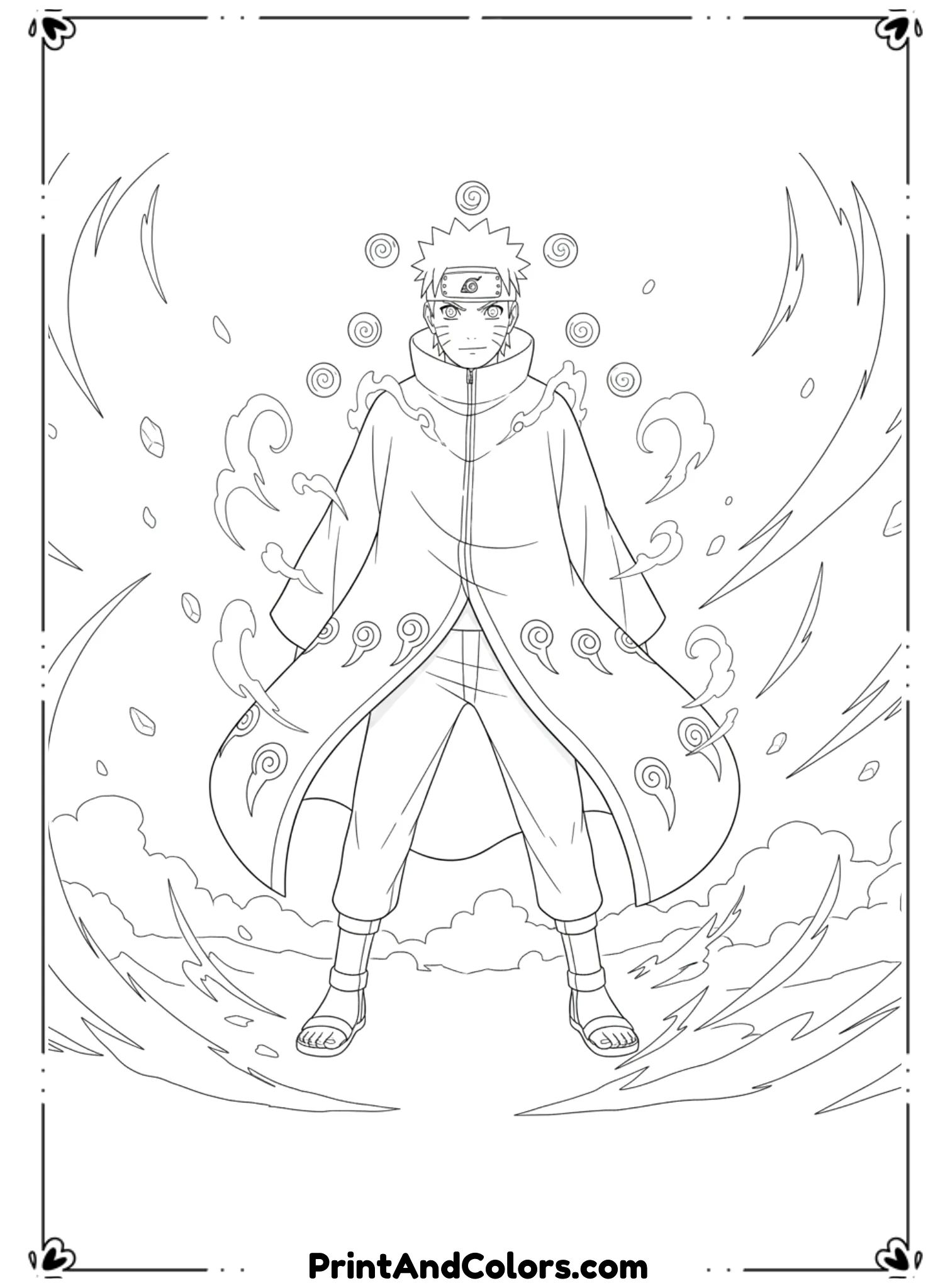  Draw Naruto in Six Paths Sage Mode with truth-seeking orbs floating behind him. Calm yet powerful stance. Clear symbols and chakra details. Black and white line art, no shading, legendary anime coloring page.
