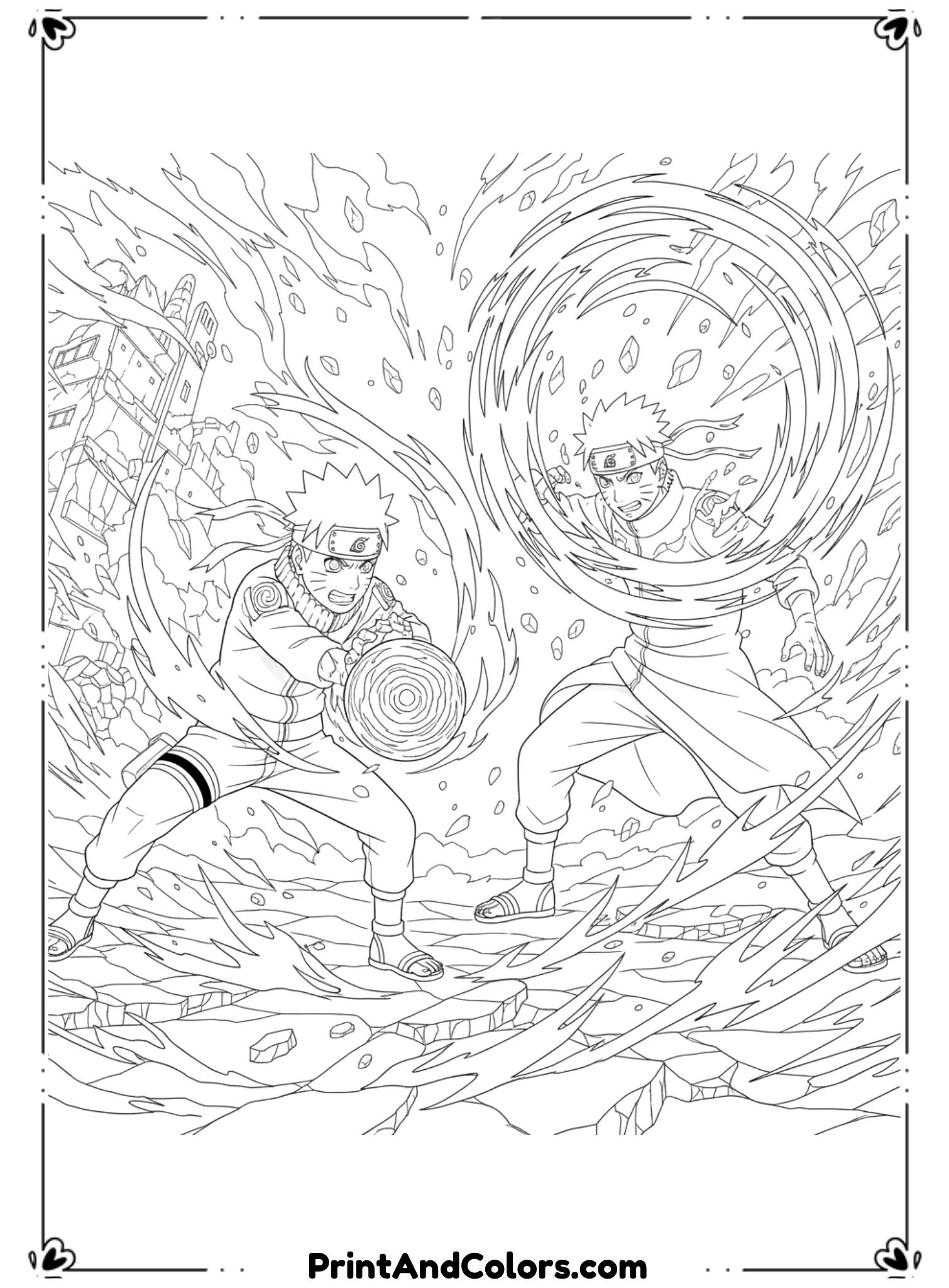  Illustrate an epic battle between Naruto and Pain with massive chakra destruction effects. Energy waves and cracked ground drawn using outlines only. Dramatic poses. No shading, bold anime coloring sheet.
