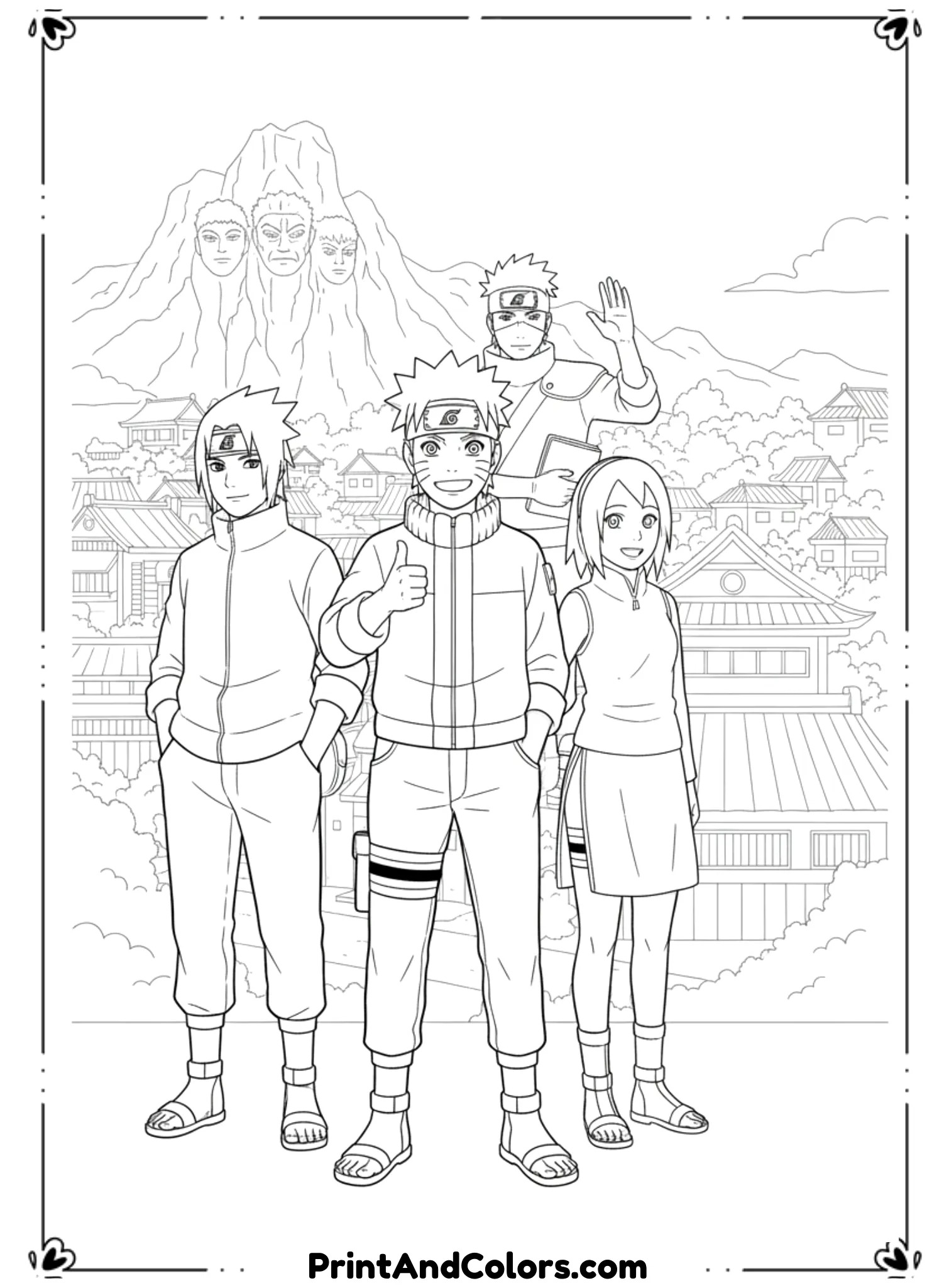 Draw Naruto with multiple friends standing together in a cheerful group scene. Smiling faces, simple poses, light village background. Clean black outlines, no shading, printable coloring page.
