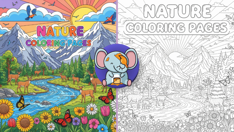 Nature coloring page with mountains, river, trees, animals, and sunrise