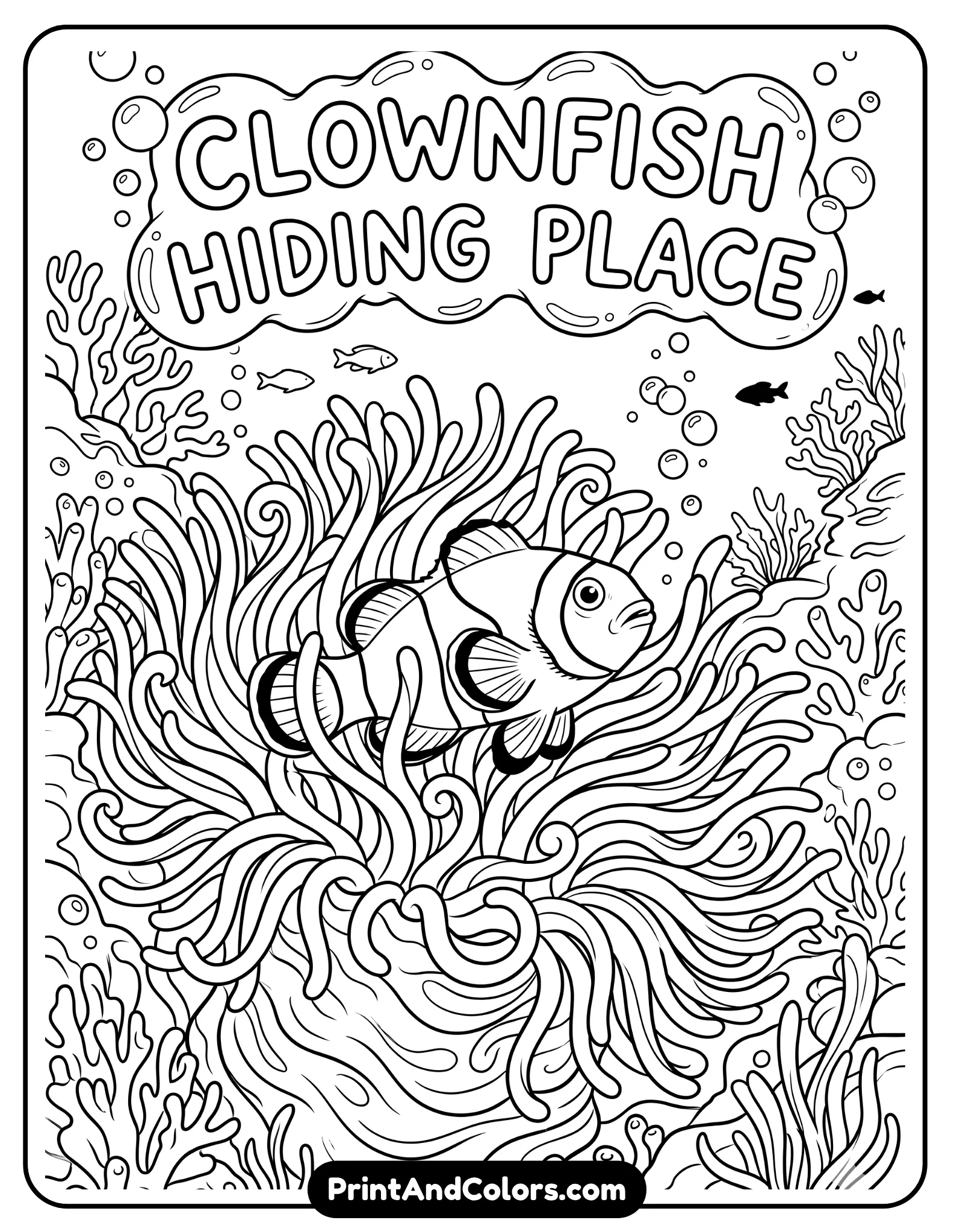 Black and white drawing of a clownfish peeking out from sea anemone tentacles, with curved flowing lines and bubbles. Clear outlines, medium detail