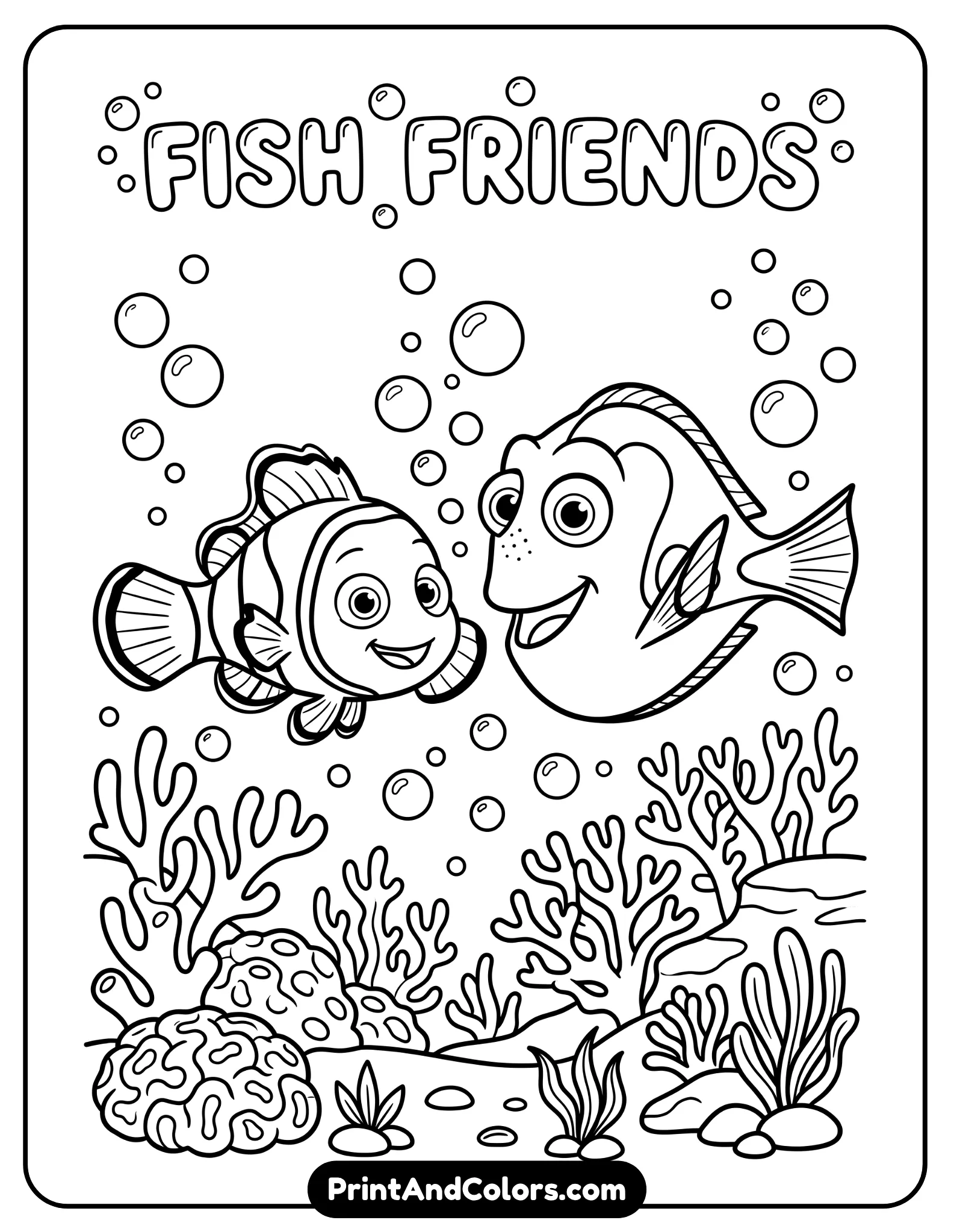Line art of two cartoon fish (small clownfish and blue tang) swimming side by side with smiling expressions, surrounded by bubbles and simple coral shapes. Clean, bold outlines, no shading, designed for children